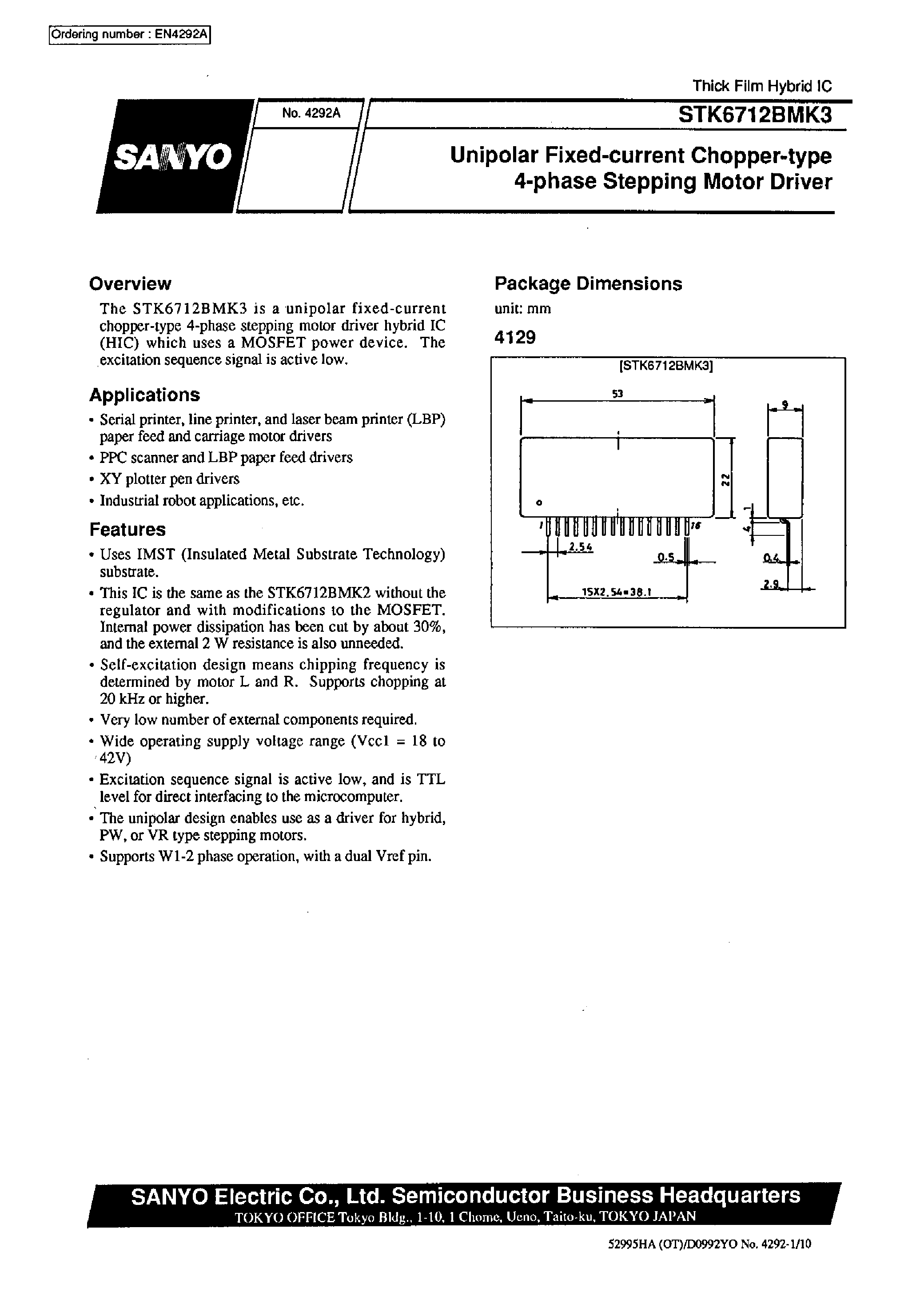 Datasheet STK6712BMK3 - Unipolar Fixed-current Chopper-type 4-phase Stepping Motor Driver page 1