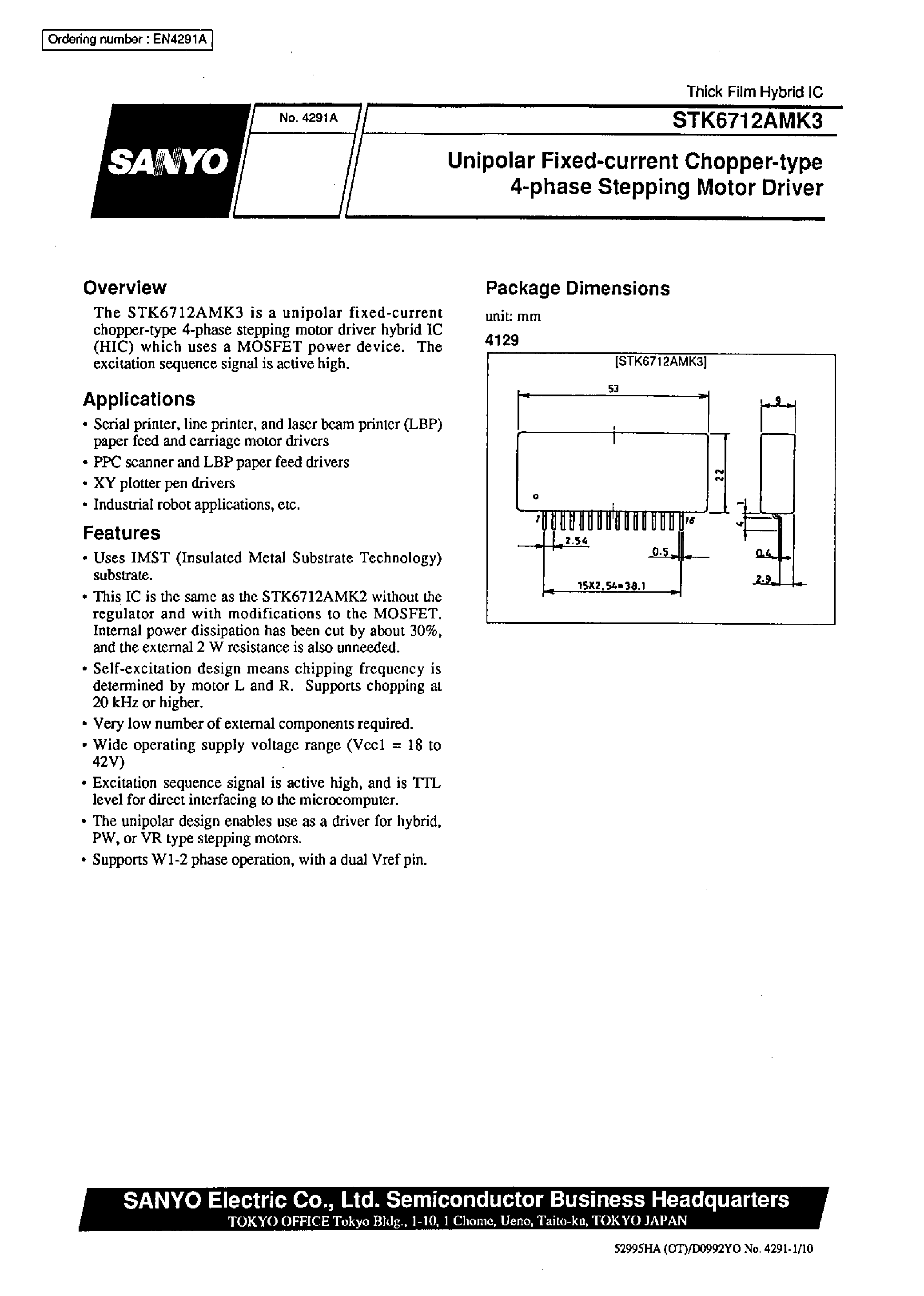 Datasheet STK6712AMK3 - Unipolar Fixed-current Chopper-type 4-phase Stepping Motor Driver page 1