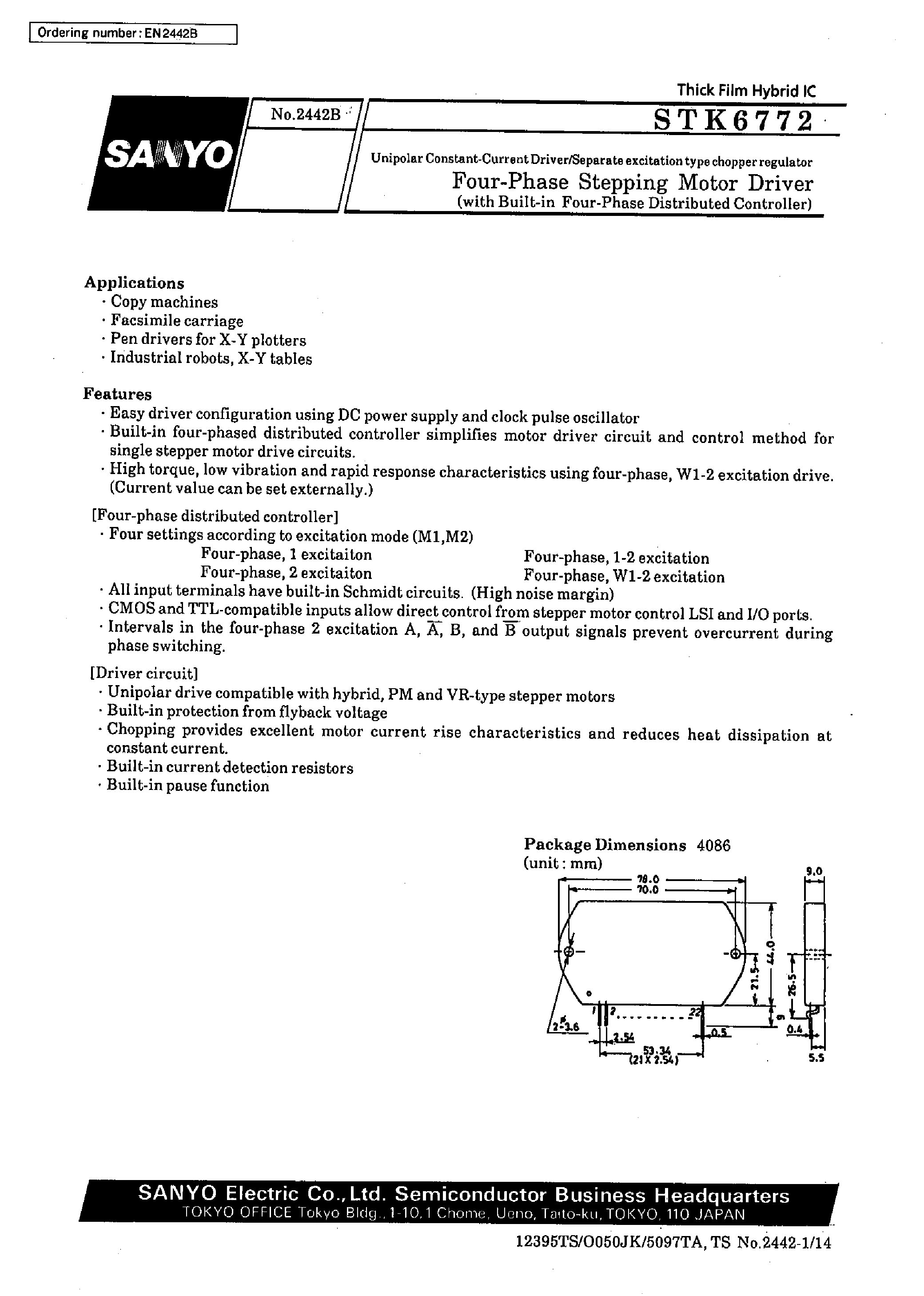 Datasheet STK6772 - Four-Phase Stepping Motor Driver (with Built-in Four-Phase Distributed Controller) page 1