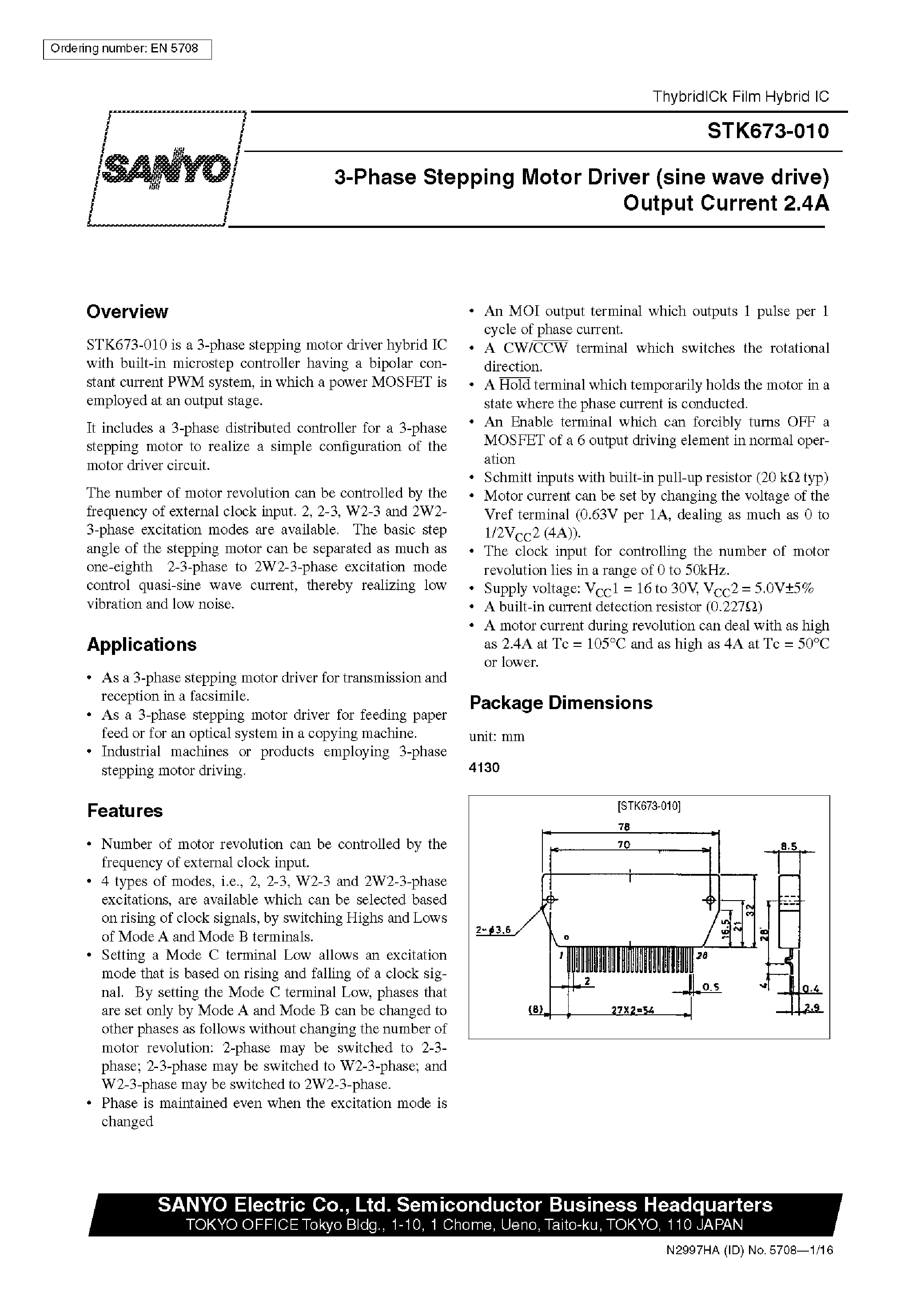 Даташит STK673-010 - 3-Phase Stepping Motor Driver(sine wave drive) Output Current 2.4A страница 1