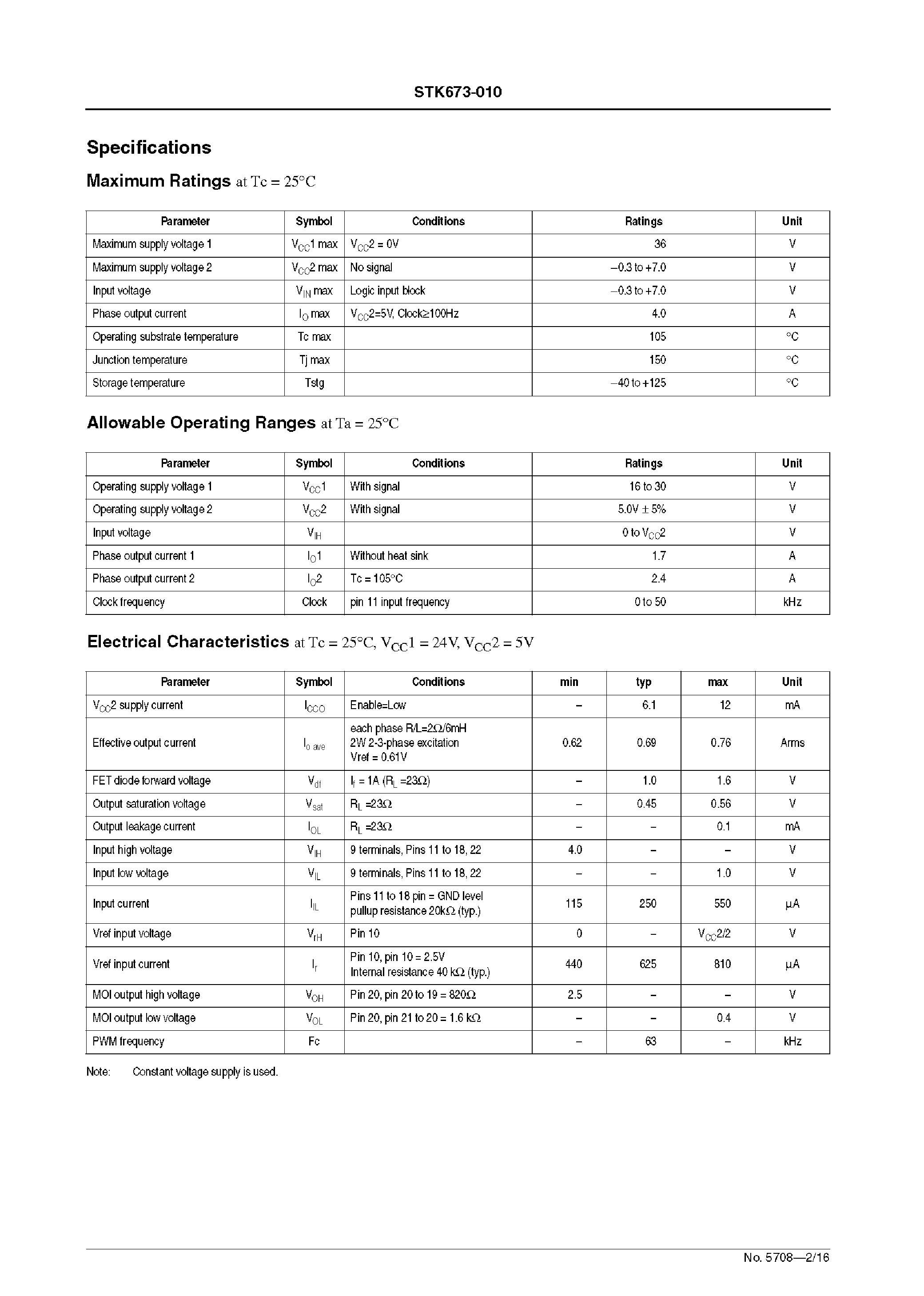 Даташит STK673-010 - 3-Phase Stepping Motor Driver(sine wave drive) Output Current 2.4A страница 2