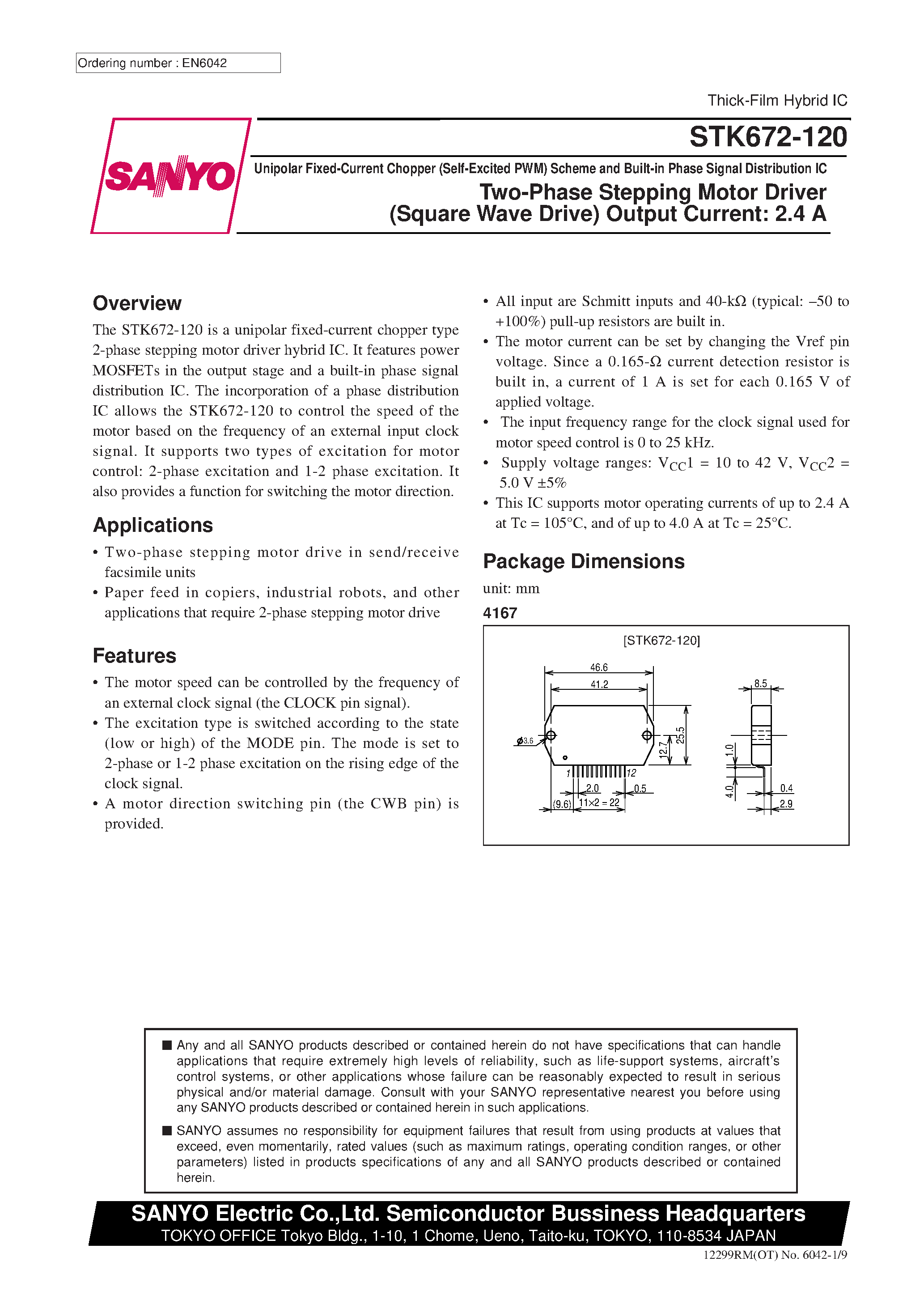 Даташит STK672-120 - Two-Phase Stepping Motor Driver (Square Wave Drive) Output Current: 2.4 A страница 1