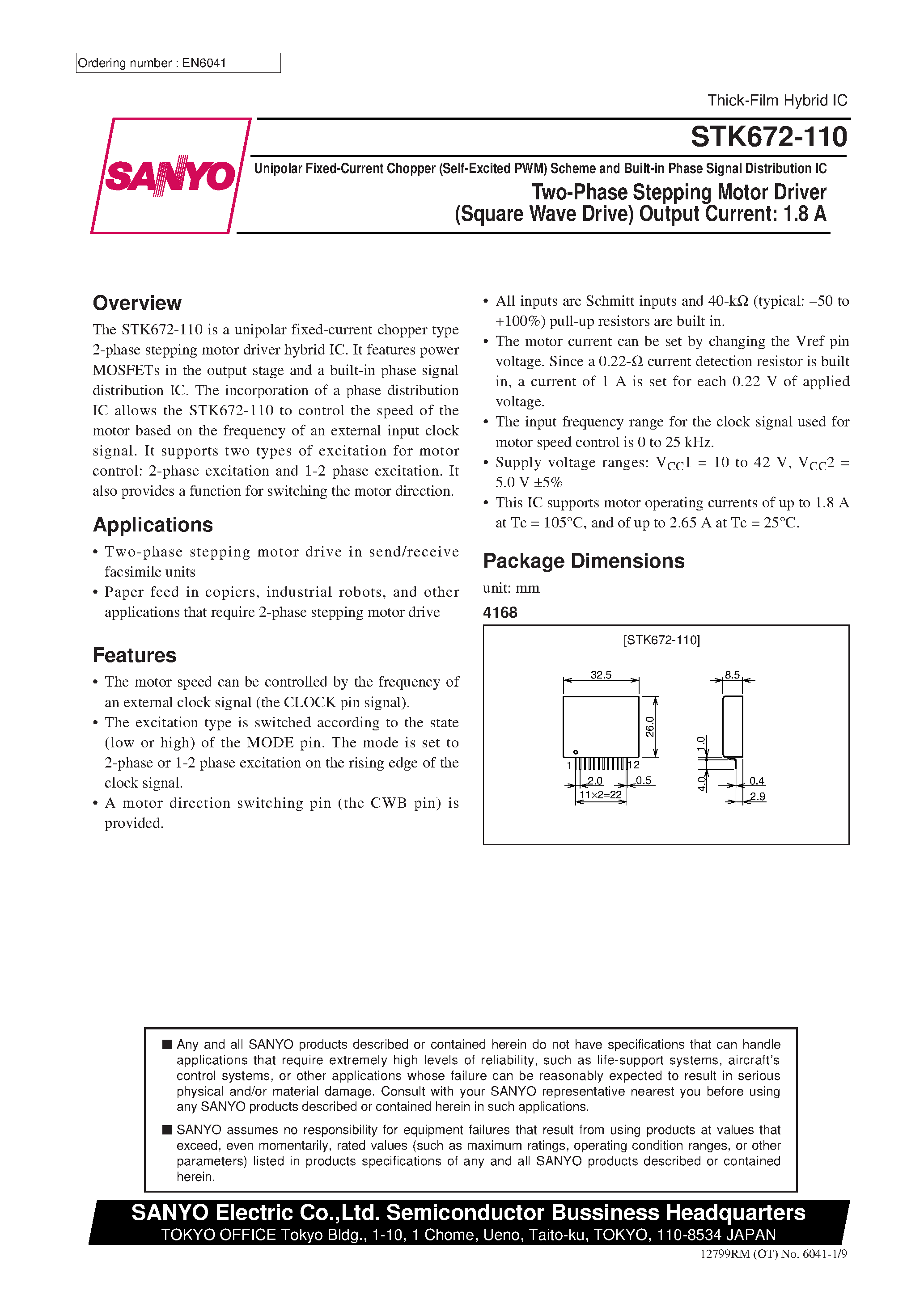 Datasheet STK672-110 - Two-Phase Stepping Motor Driver (Square Wave Drive) Output Current: 1.8 A page 1