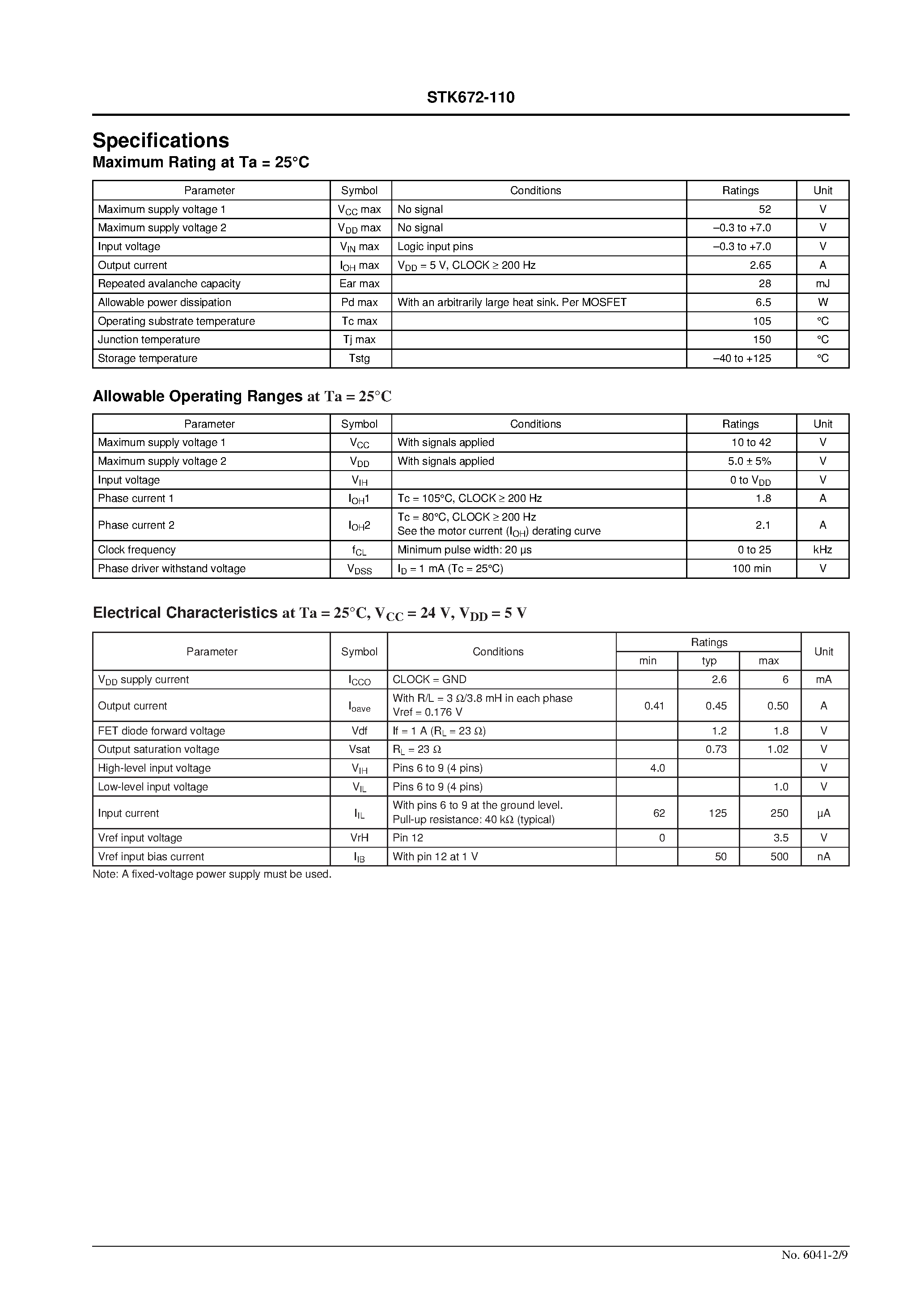 Datasheet STK672-110 - Two-Phase Stepping Motor Driver (Square Wave Drive) Output Current: 1.8 A page 2