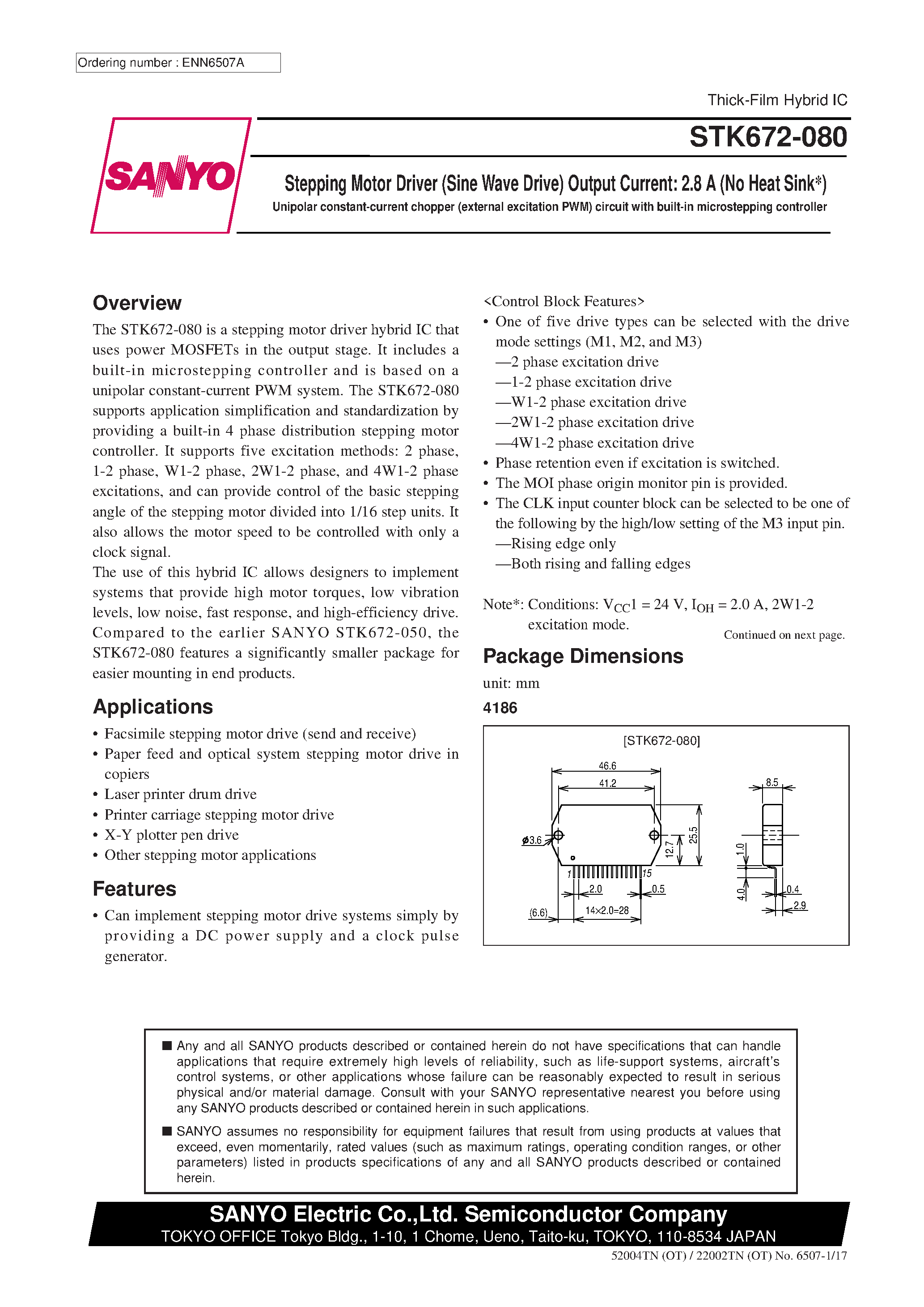 Даташит STK672-080 - Stepping Motor Driver (Sine Wave Drive) Output Current : 2.8 A (No Heat Sink) страница 1