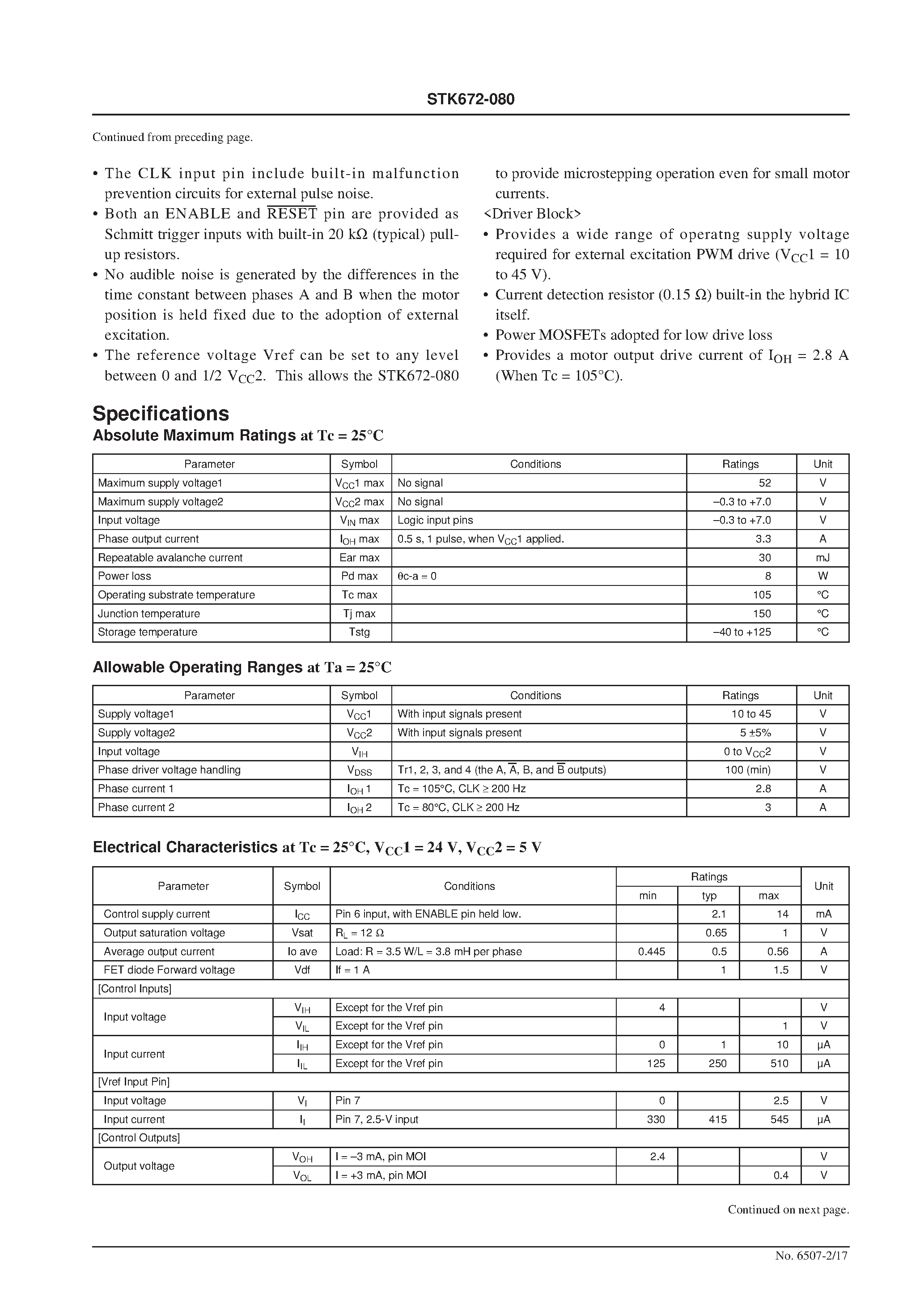 Даташит STK672-080 - Stepping Motor Driver (Sine Wave Drive) Output Current : 2.8 A (No Heat Sink) страница 2