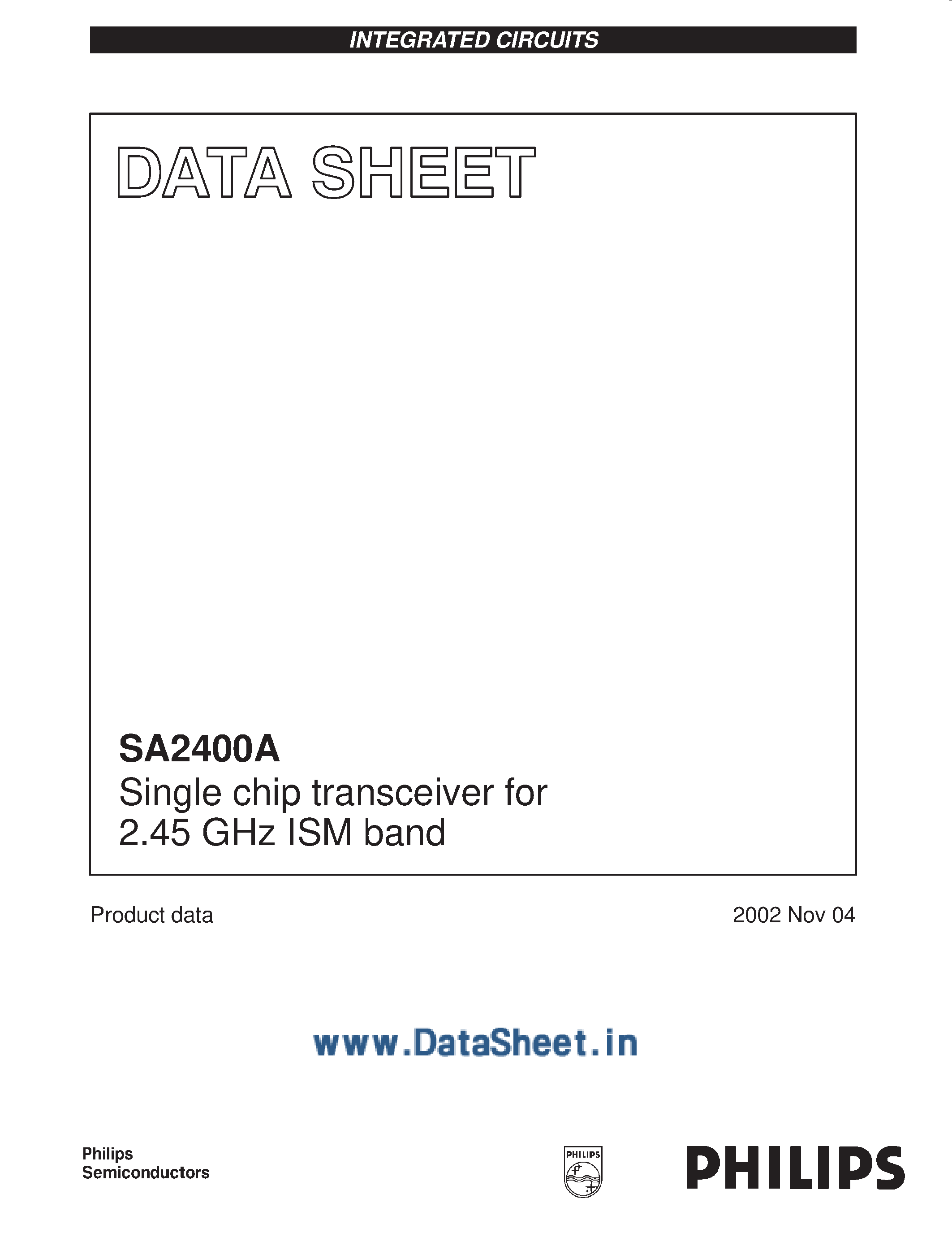 Даташит SA2400A - Single Chip Transceiver for 2.45 Ghz ISM band страница 1