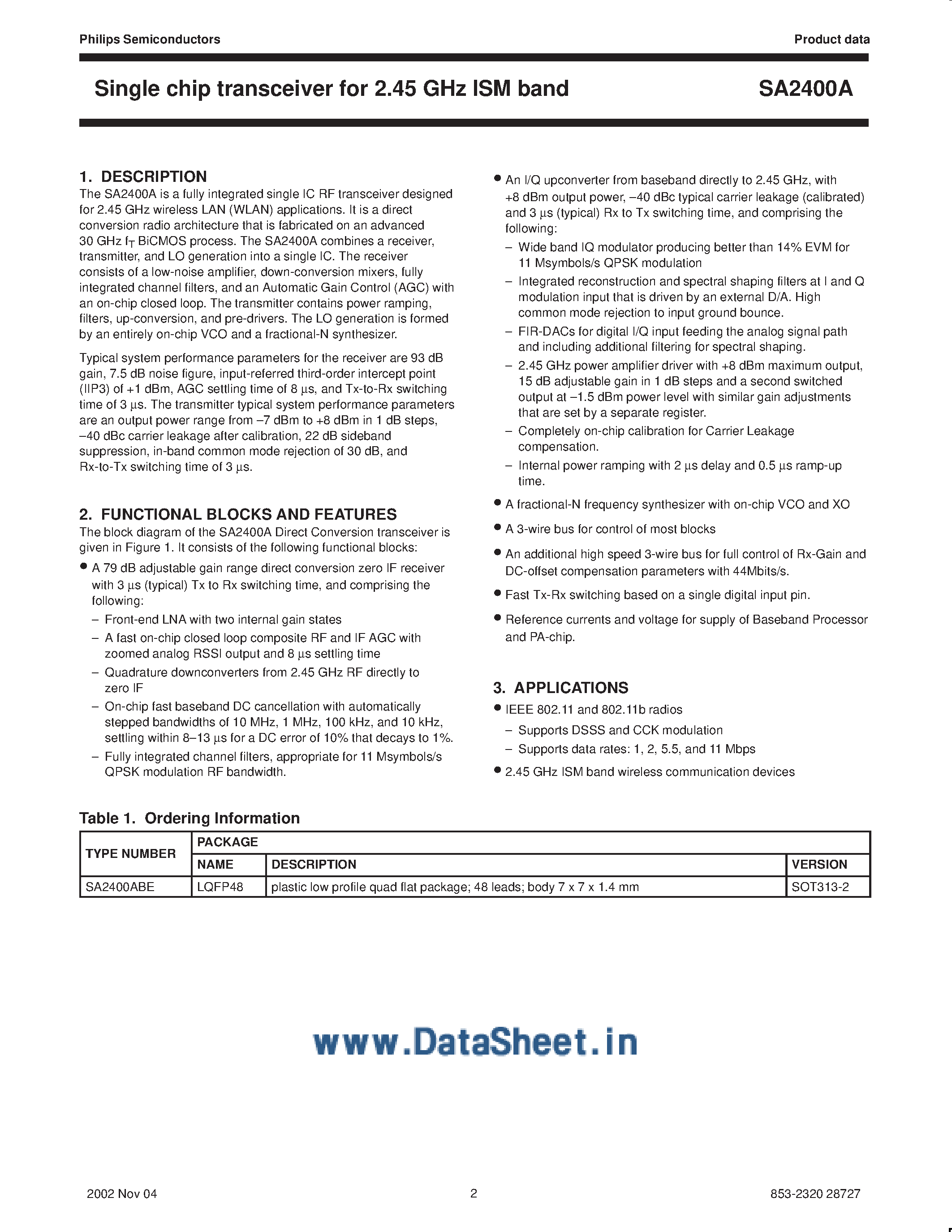 Даташит SA2400A - Single Chip Transceiver for 2.45 Ghz ISM band страница 2