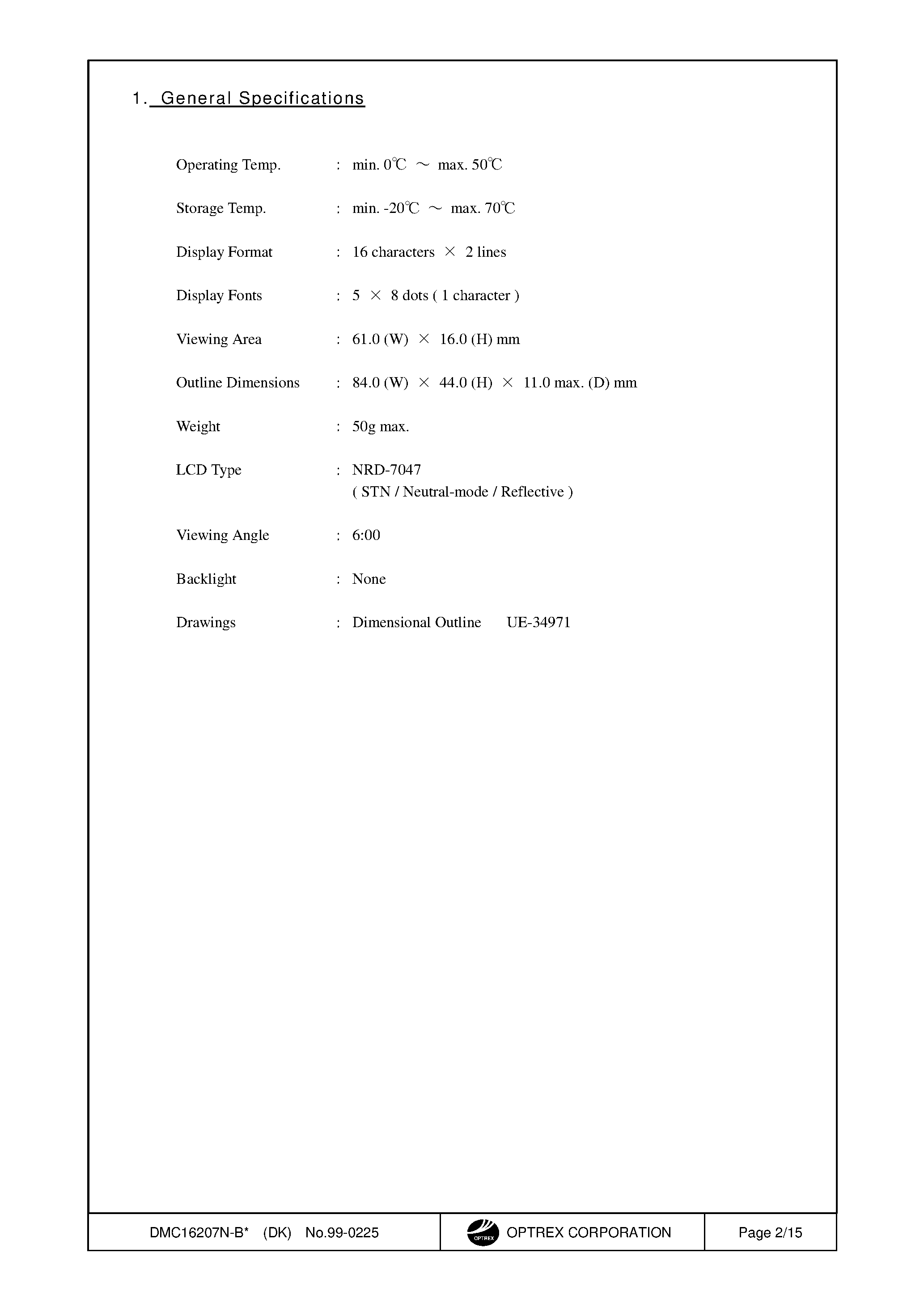 Datasheet DMC16207N-B - LCD Module Specification page 2