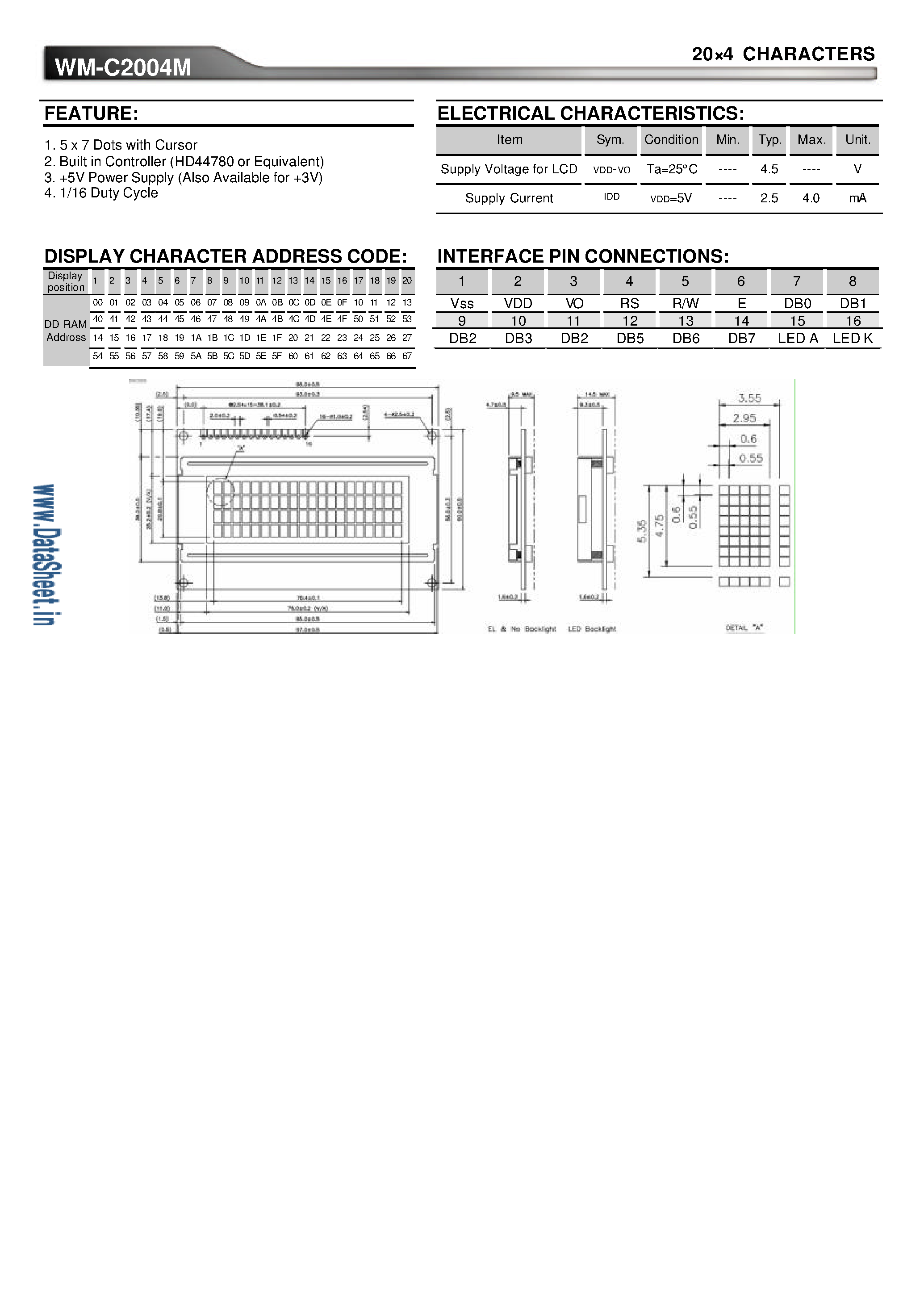 Datasheet WM-C2004M - 20 x 4 Characters page 1