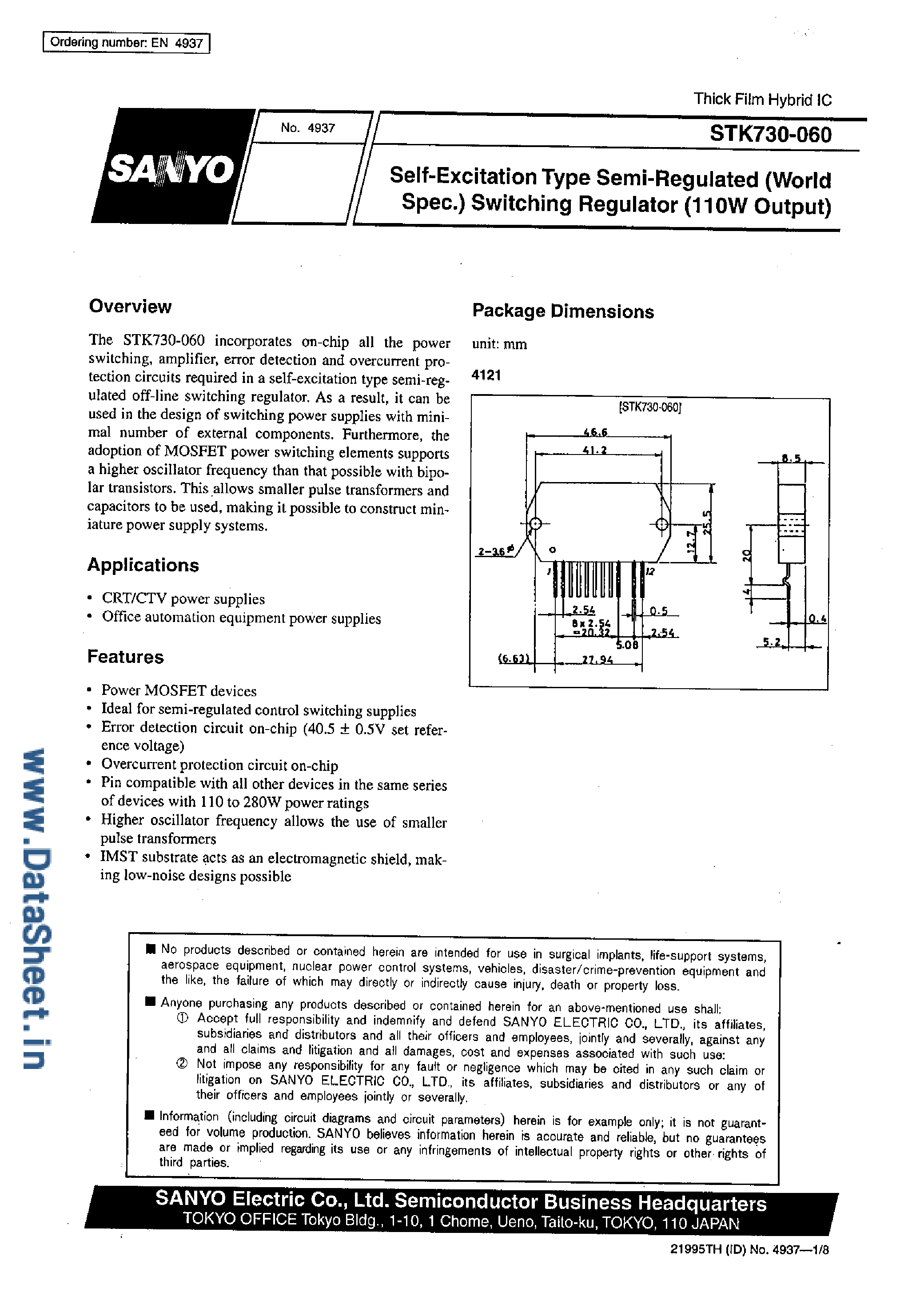 Даташит STK730-010 - (STK730-010 - STK730-090) Self Excitation Type Semi Regulated Switching Regulator страница 1