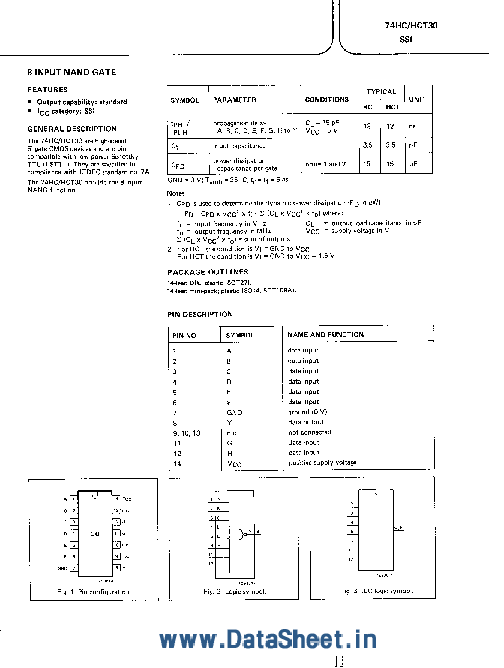 Datasheet 74HCT30 - 8-Input NAND Gate page 1