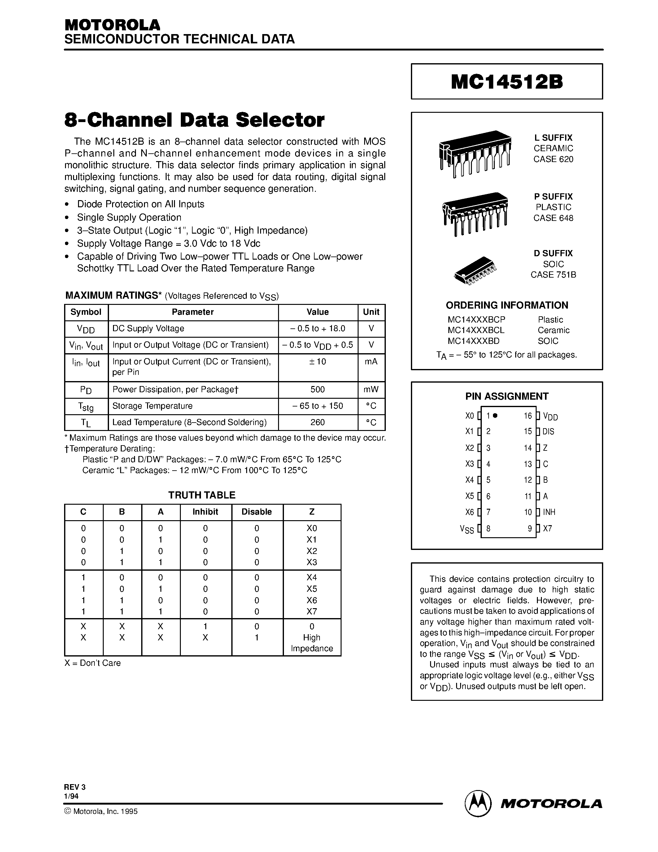 Даташит MC14512B - 8-Channel Data Selector страница 1