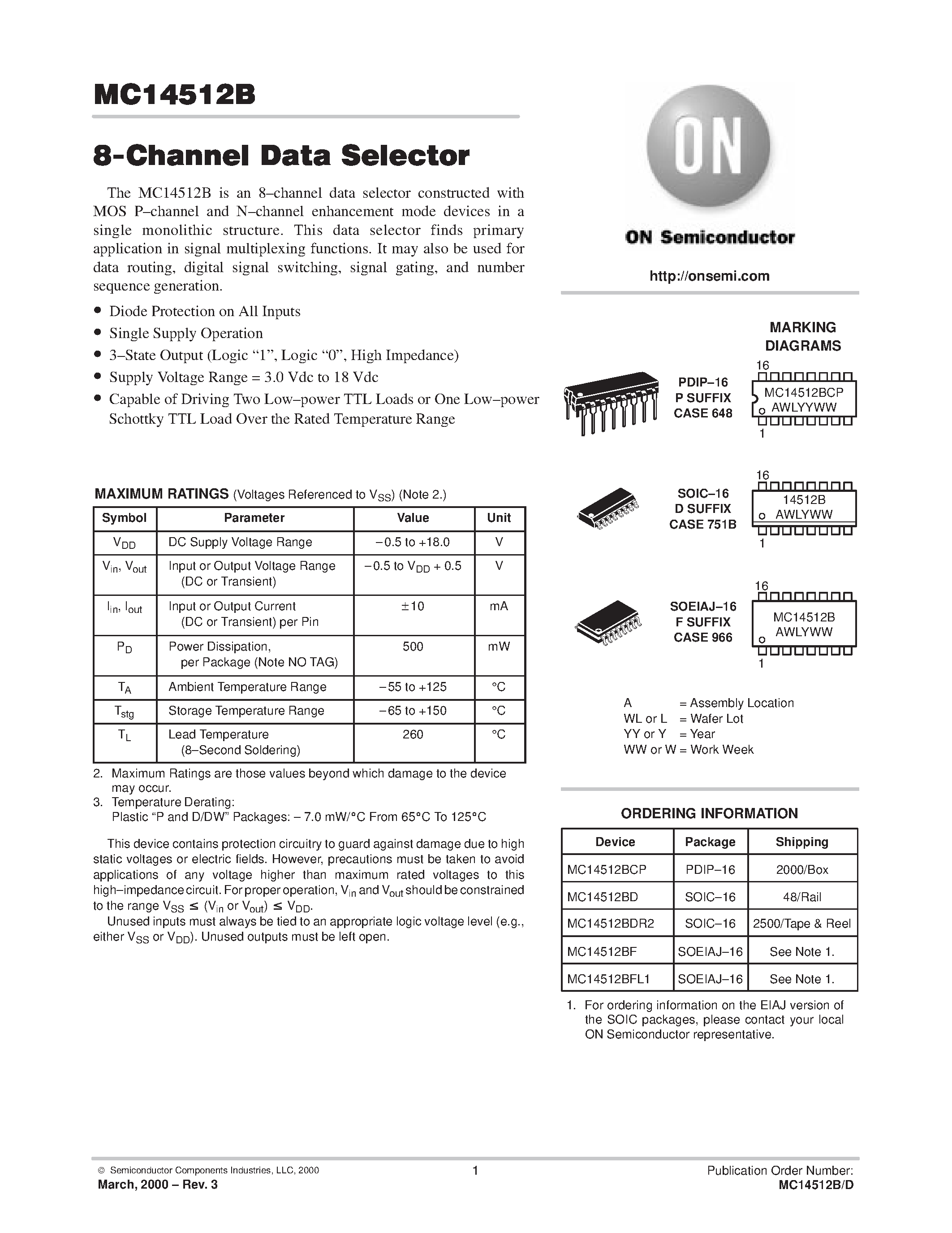 Даташит MC14512B - 8-Channel Data Selector страница 1