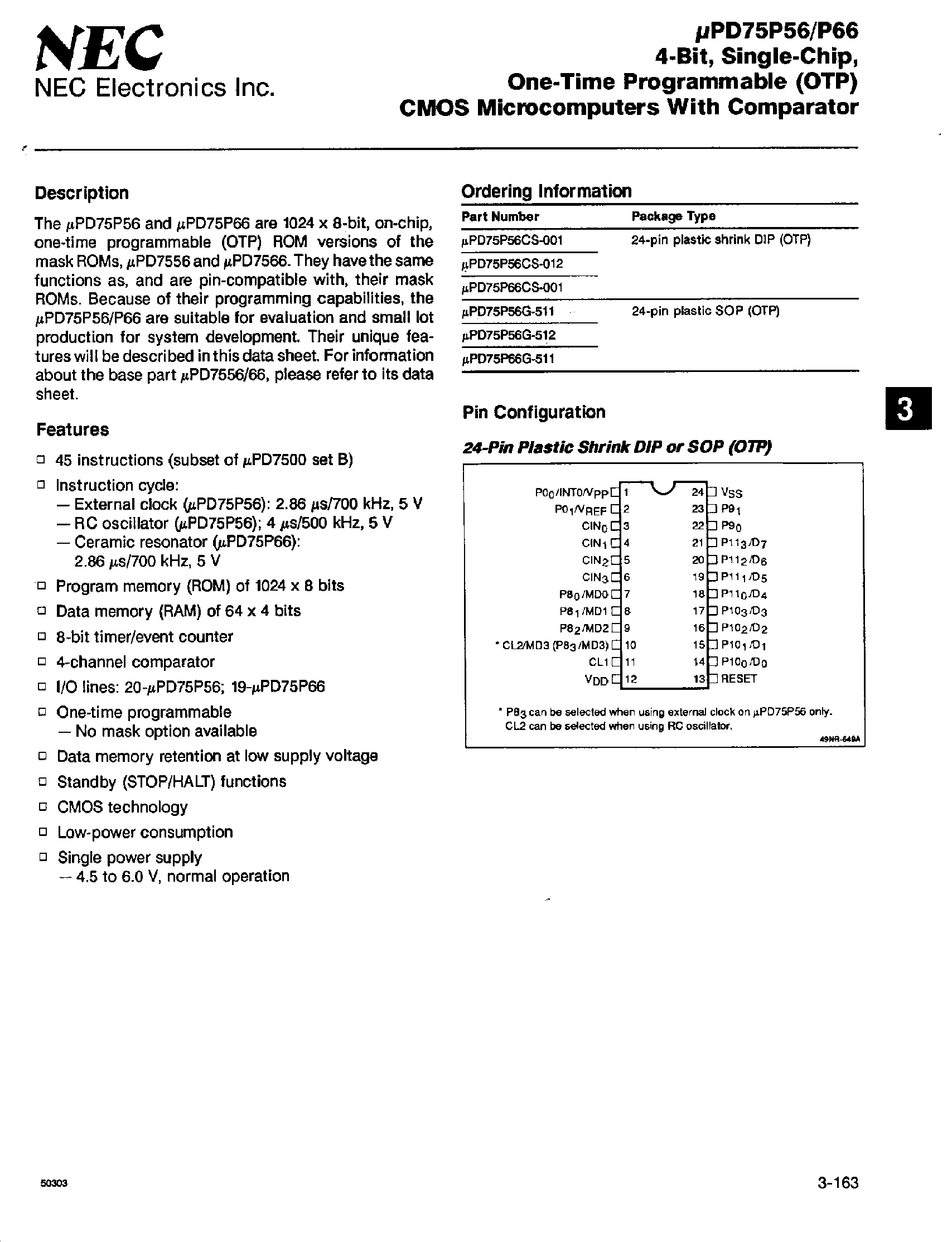 Даташит UPD75P66 - (UPD75P56 / UPD75P66) 4-Bit Single-Chip One-Time Programmable CMOS Microcomputers страница 1