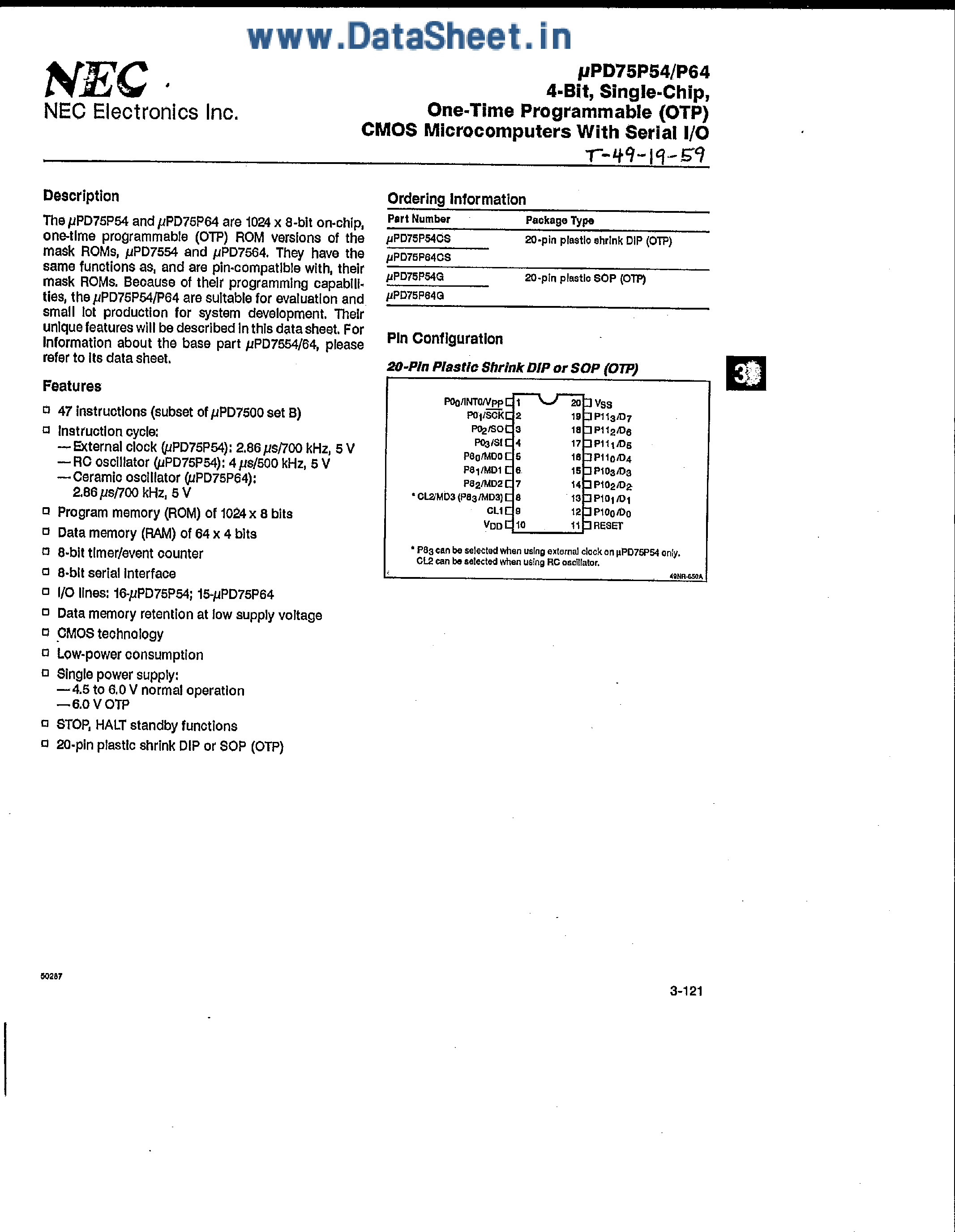 Даташит UPD75P54 - (UPD75P54 / UPD75P64) 4-Bit Microcomputer страница 1