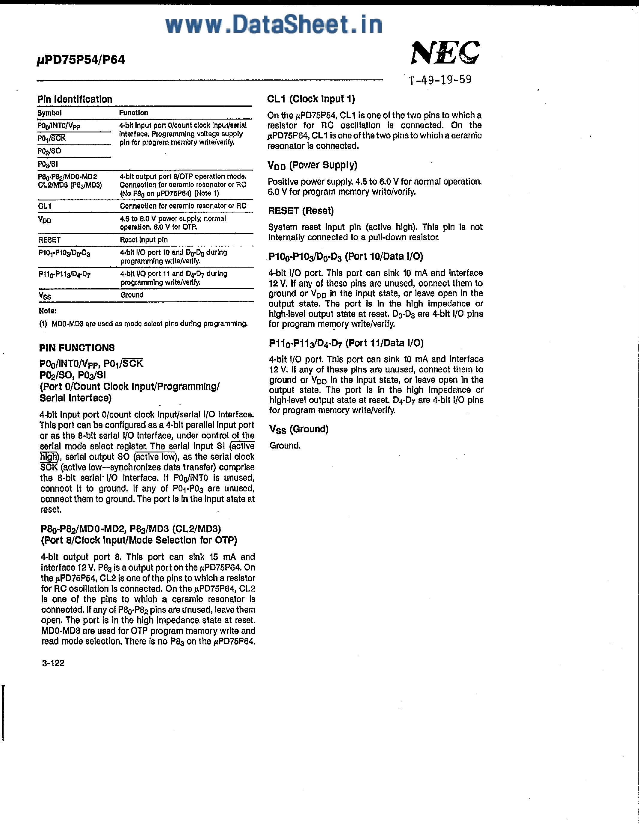 Даташит UPD75P54 - (UPD75P54 / UPD75P64) 4-Bit Microcomputer страница 2