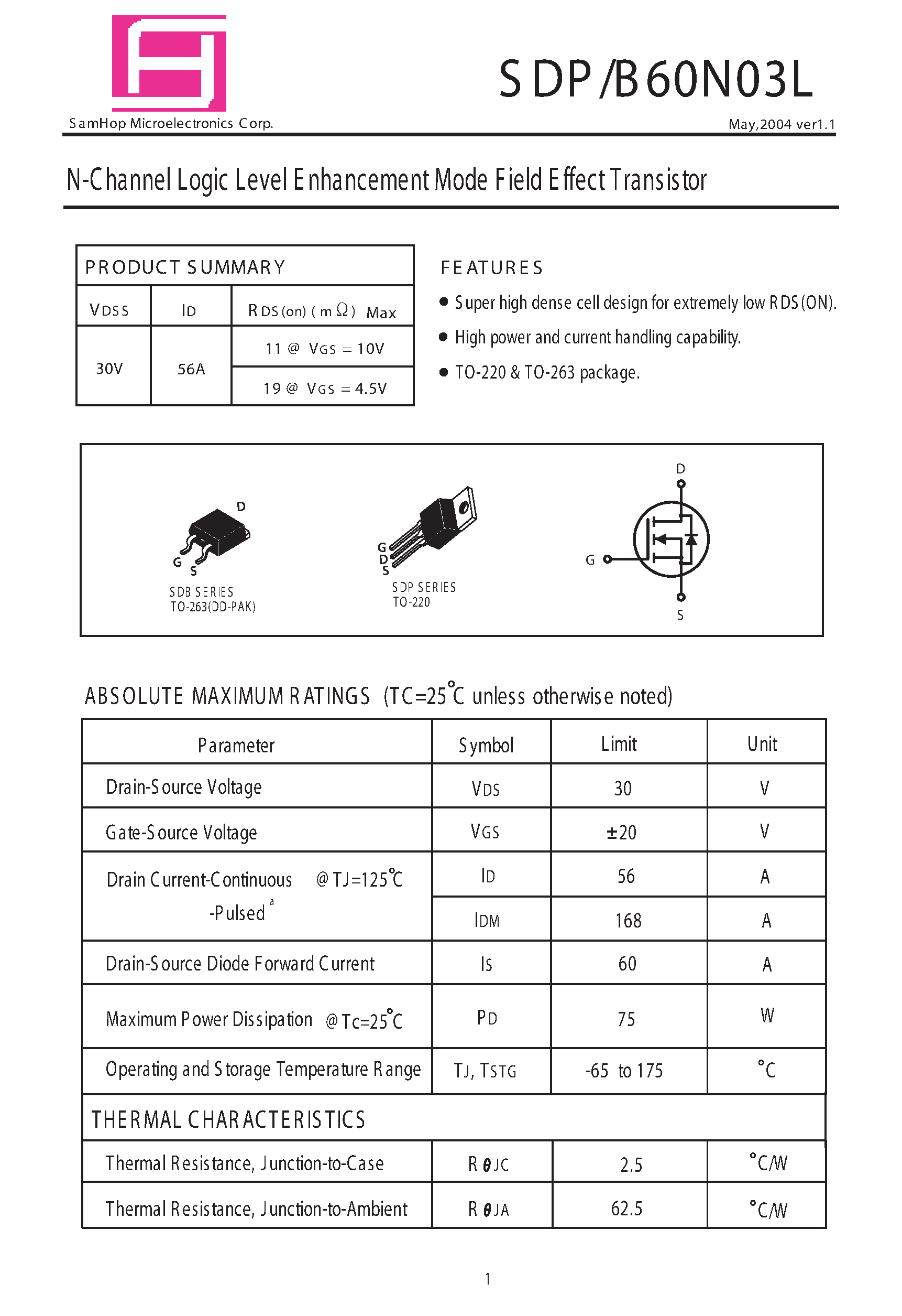 Datasheet SDB60N03L - N-Channel Logic Level E nhancement Mode Field E ffect Transistor page 1