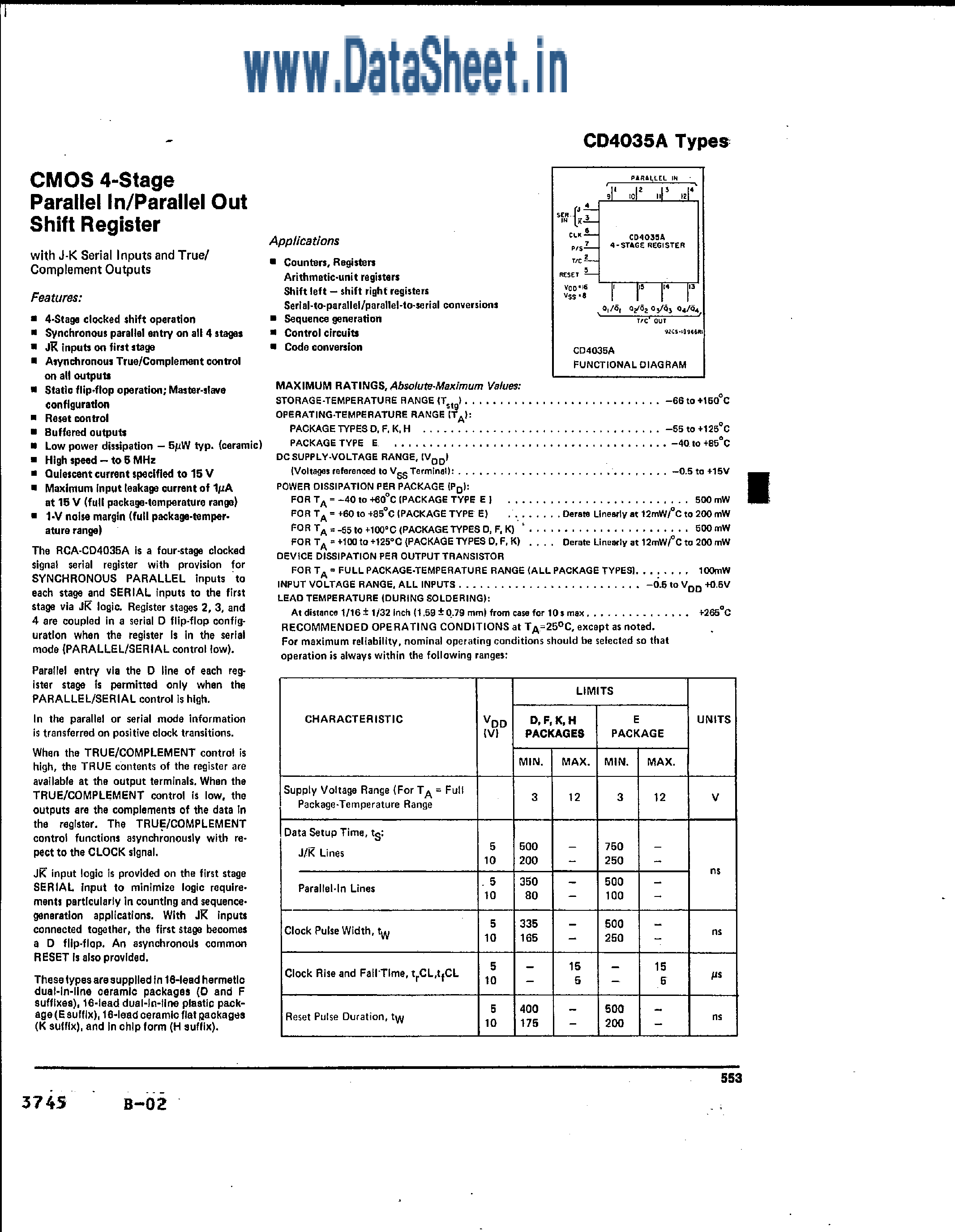 Datasheet CD4035A - CMOS 4-Stage Parallel in / out Shift Register page 1