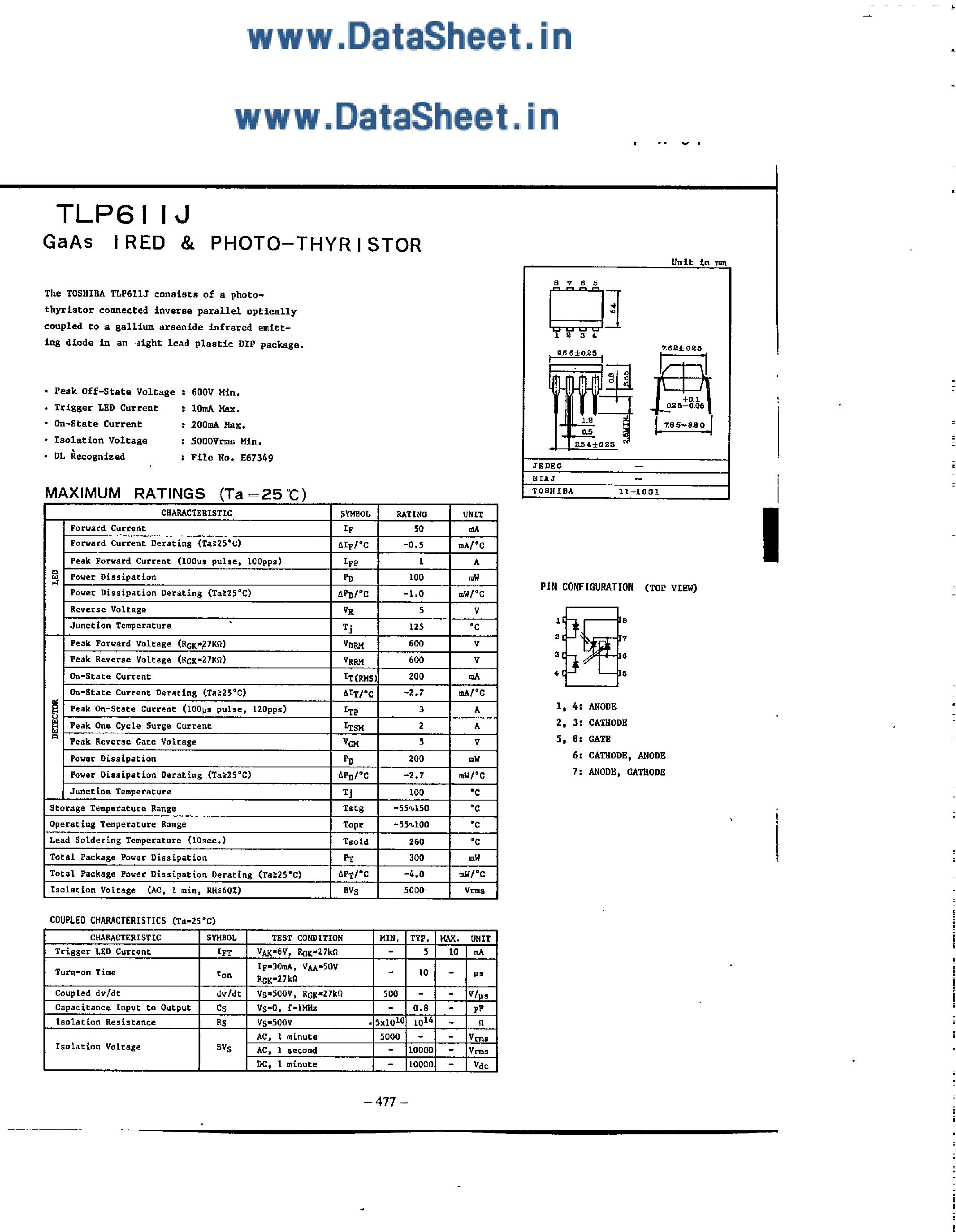 Даташит TLP611J - GaAs IRED & Photo Thyristor страница 1