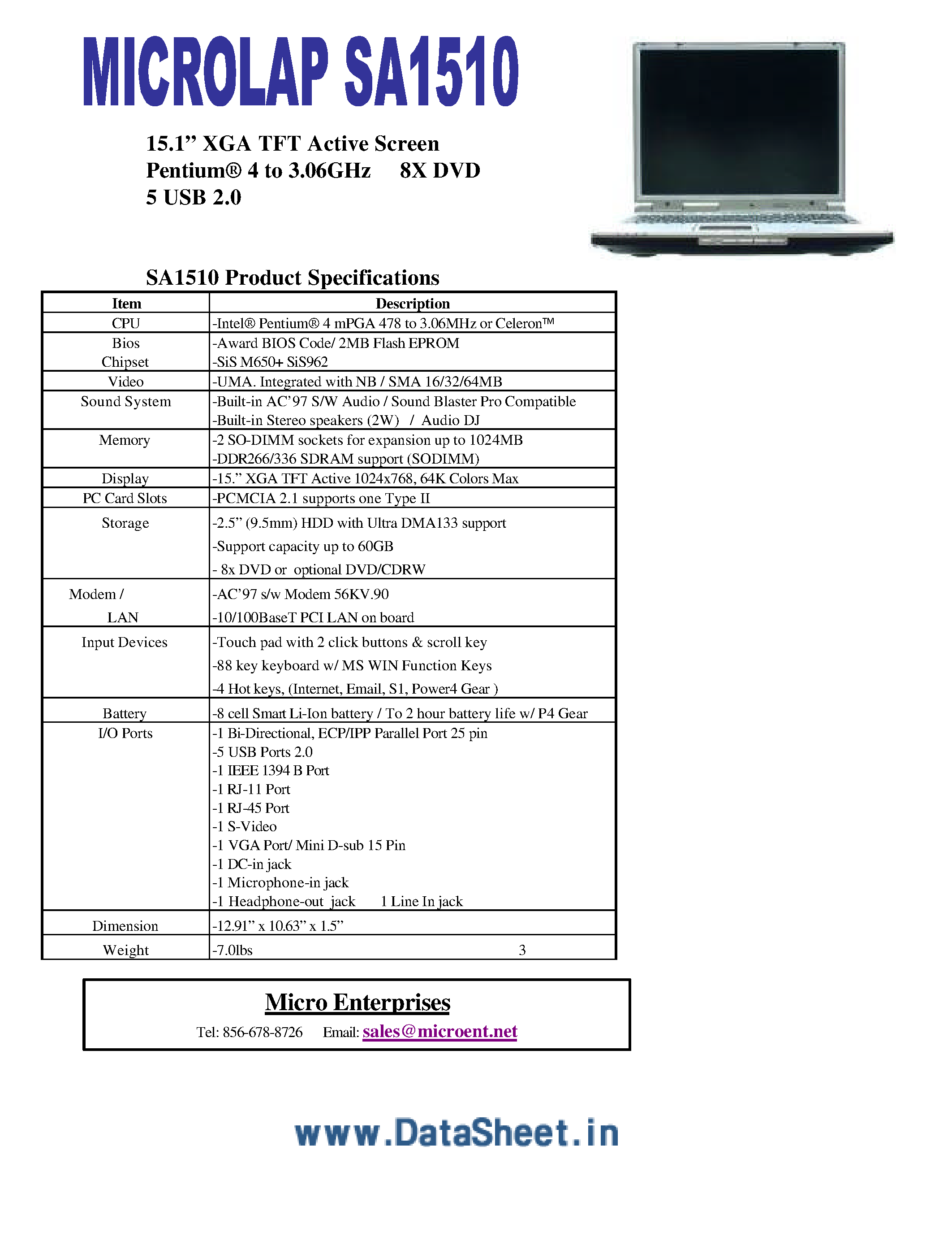 Datasheet SA1510 - XGA TFT Active Screen page 1