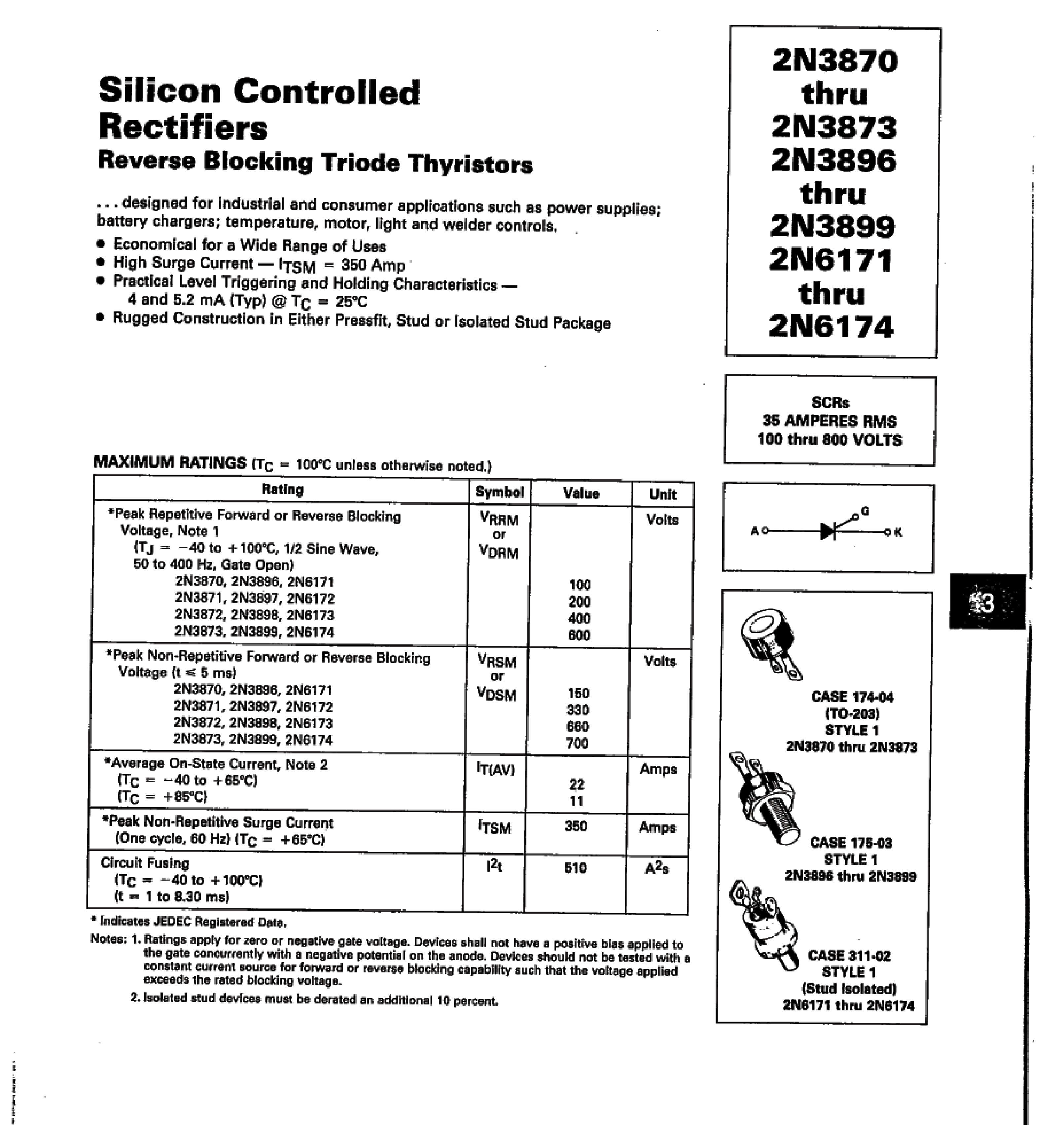 Даташит 2N3870 - (2N38xx) Silicon Controlled Rectifiers(Reverse Blocking Triode Thyristors) страница 1