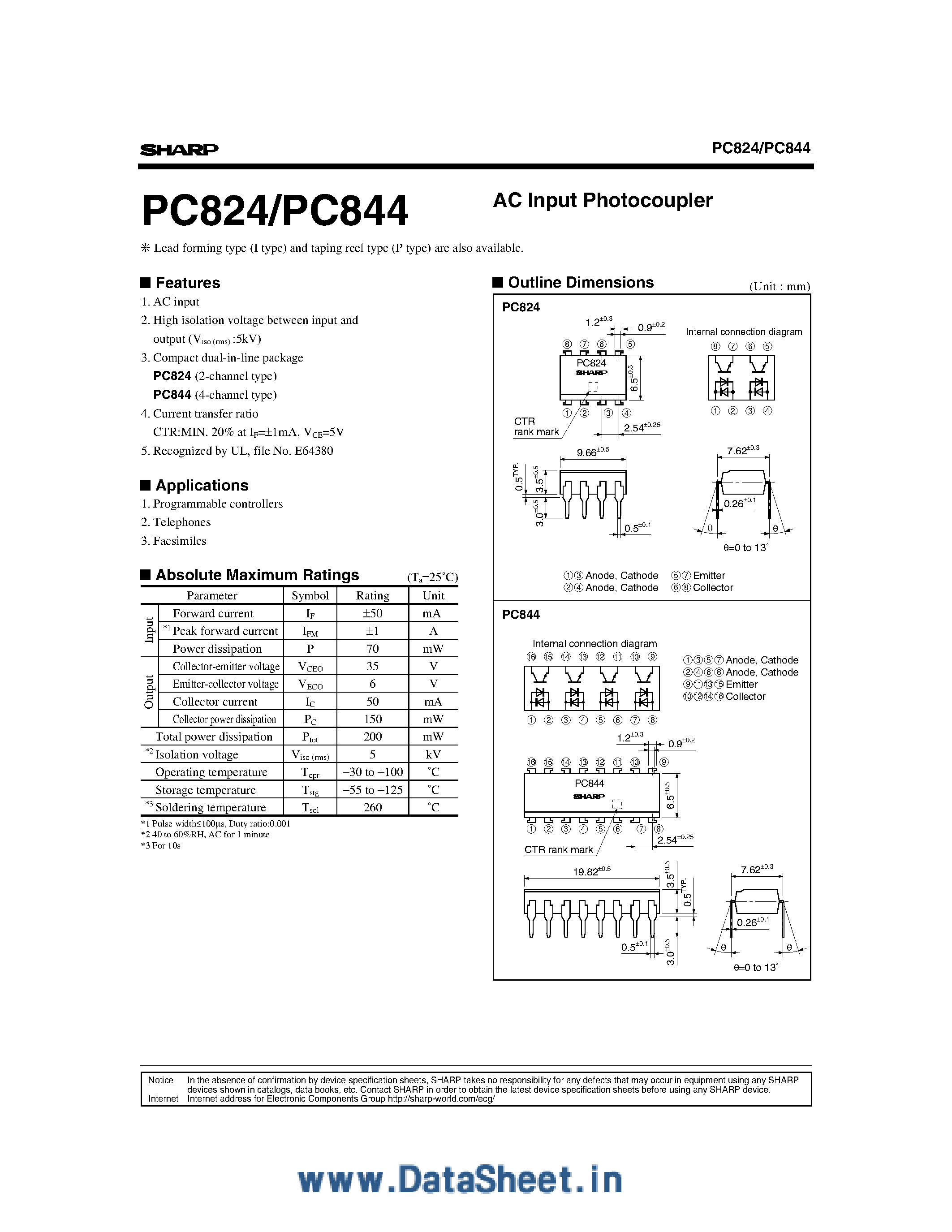 Даташит PC824 - (PC824 / PC844) High ISOlation Voltage / ac Input Response 2-ch Photocoupler страница 1