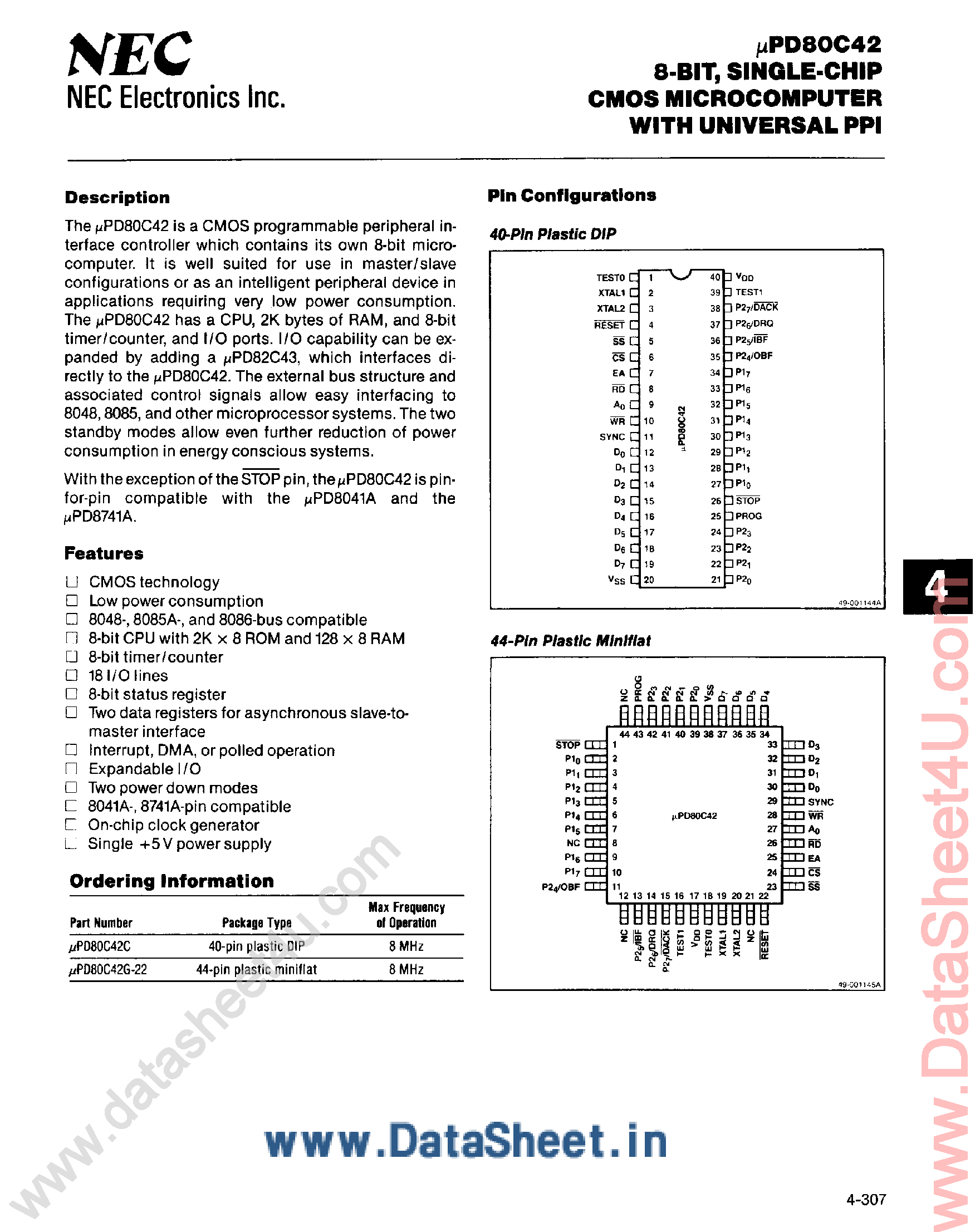 Даташит UPD80C42 - 8-Bit Single-Chip CMOS Microcomputer страница 1