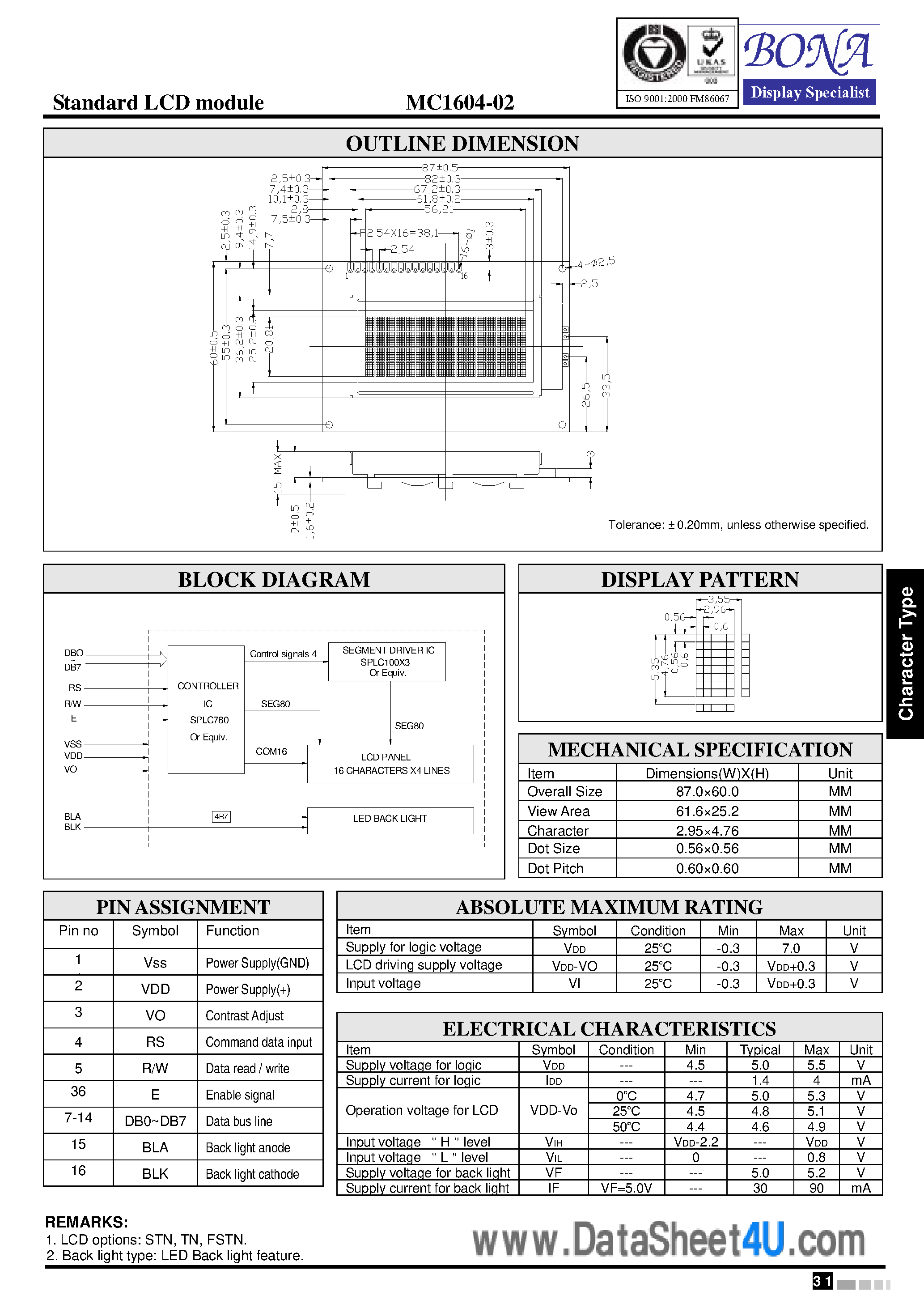 Даташит MC1604-02 - Standard LCD Module страница 1