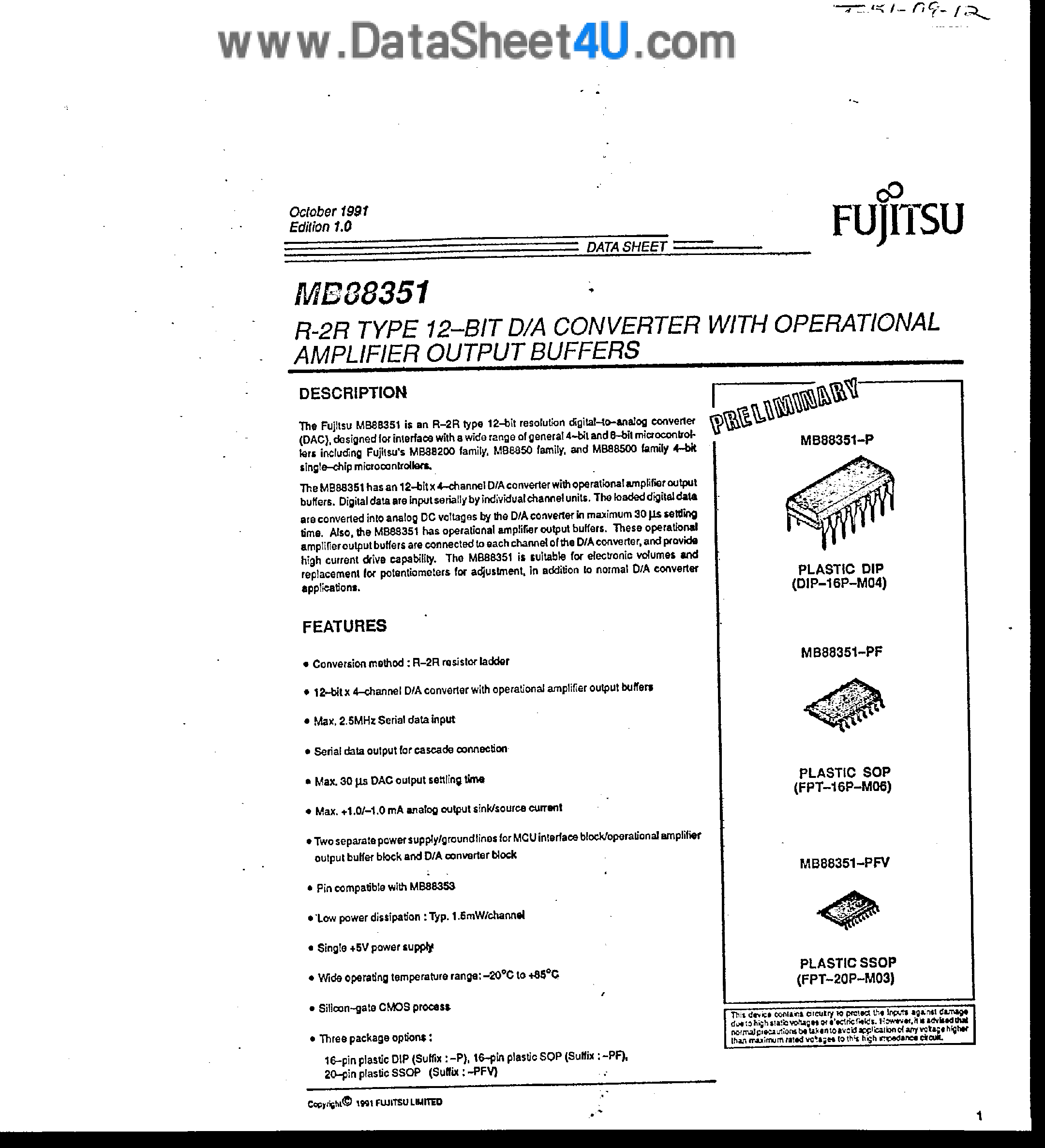 Datasheet MB88351 - R-2R Type 12-Bit D/A Converter page 1