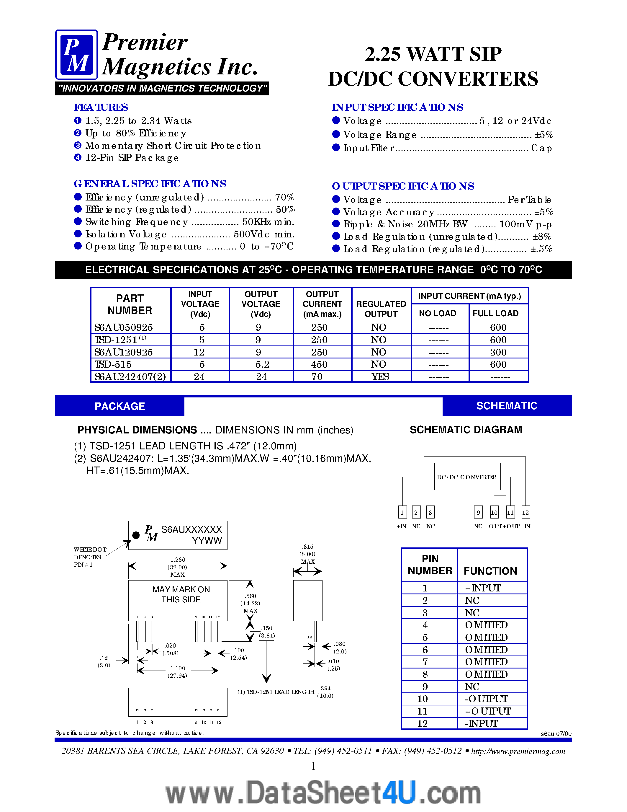 Даташит TSD-1251 - (TSD-1251 / TSD-515) 2.25 Watt SIP DC/DC Converters страница 1