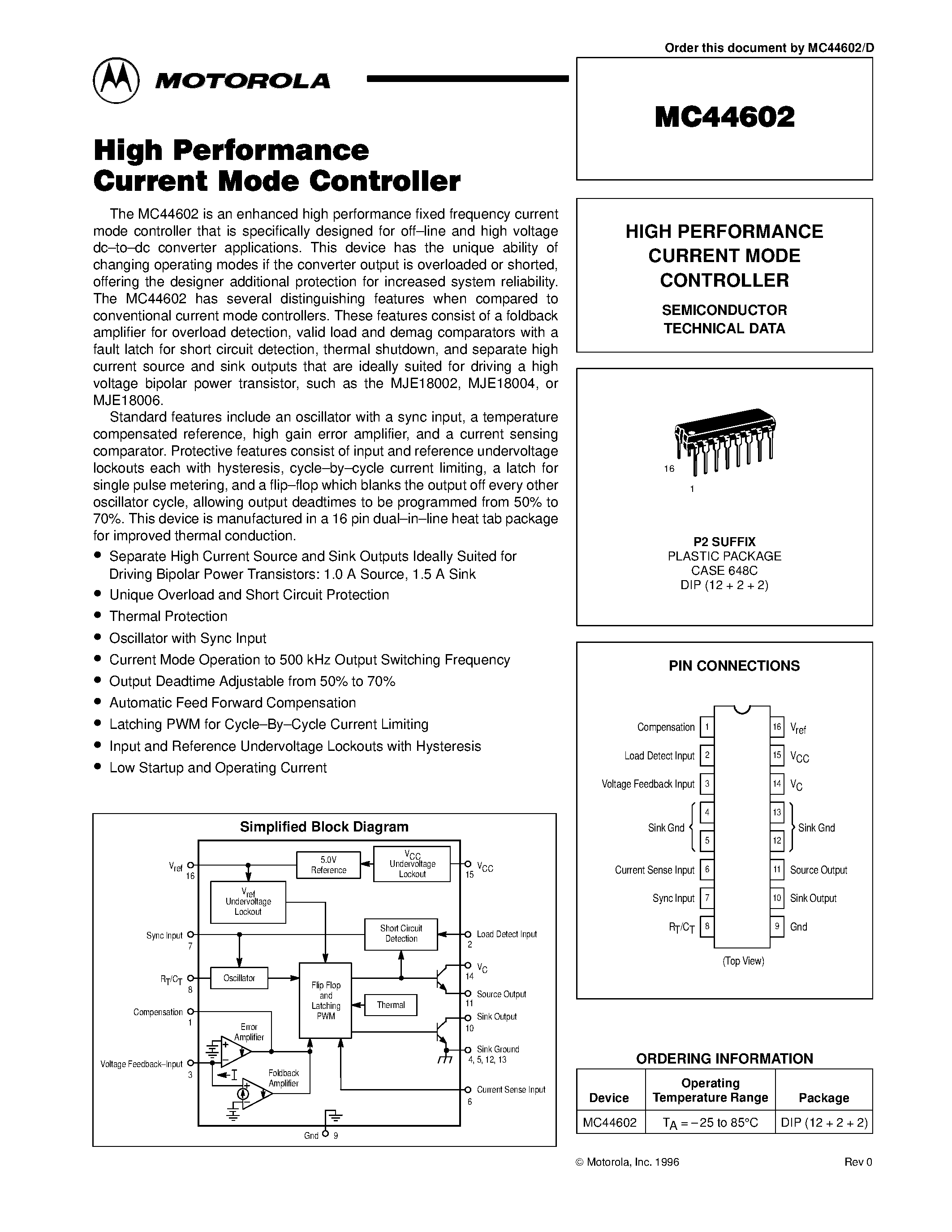 Даташит MC44602 - HIGH PERFORMANCE CURRENT MODE CONTROLLER страница 1