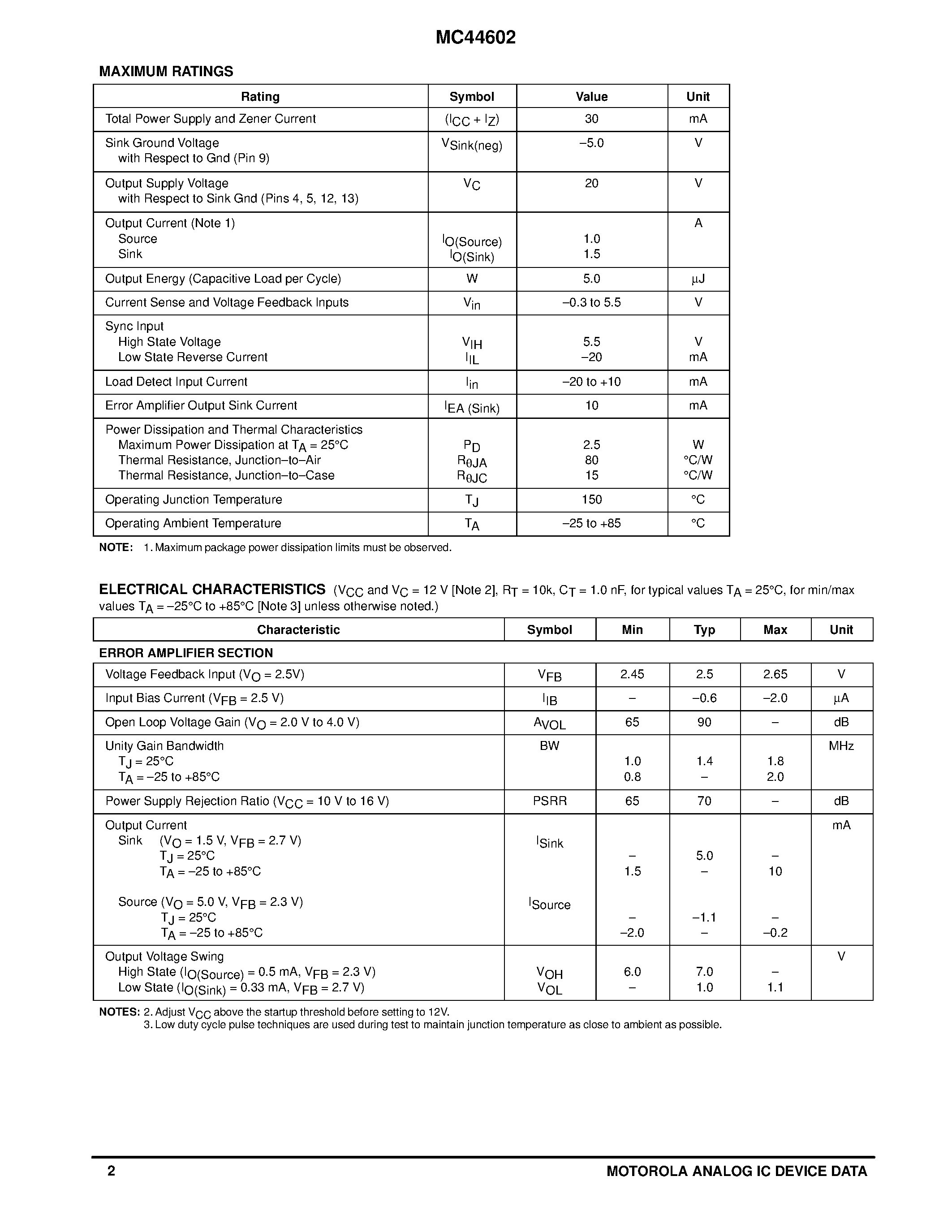 Даташит MC44602 - HIGH PERFORMANCE CURRENT MODE CONTROLLER страница 2