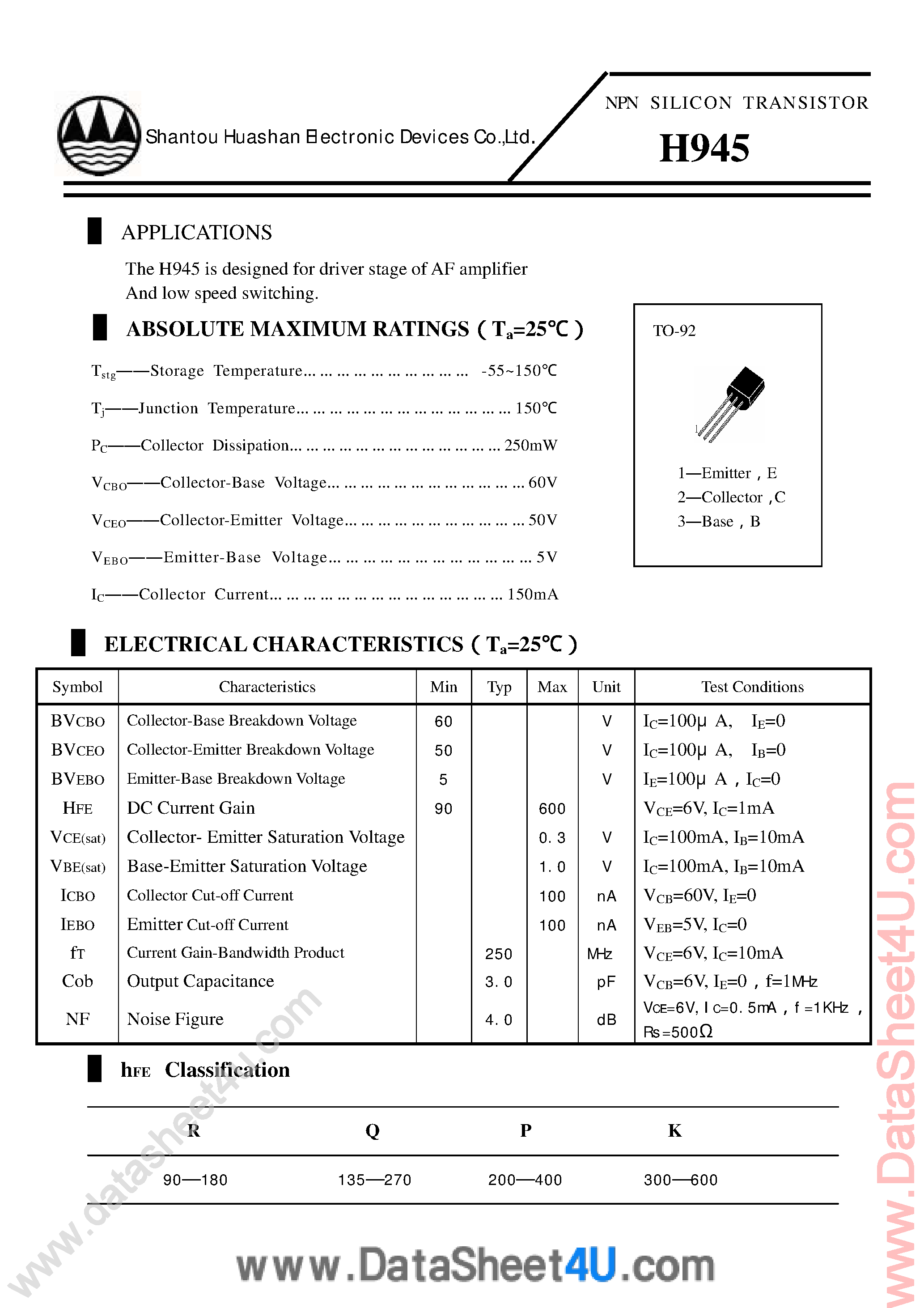 Даташит на микросхему H945 страница 1 Даташит H945 - NPN Silicon Transistors страница 1