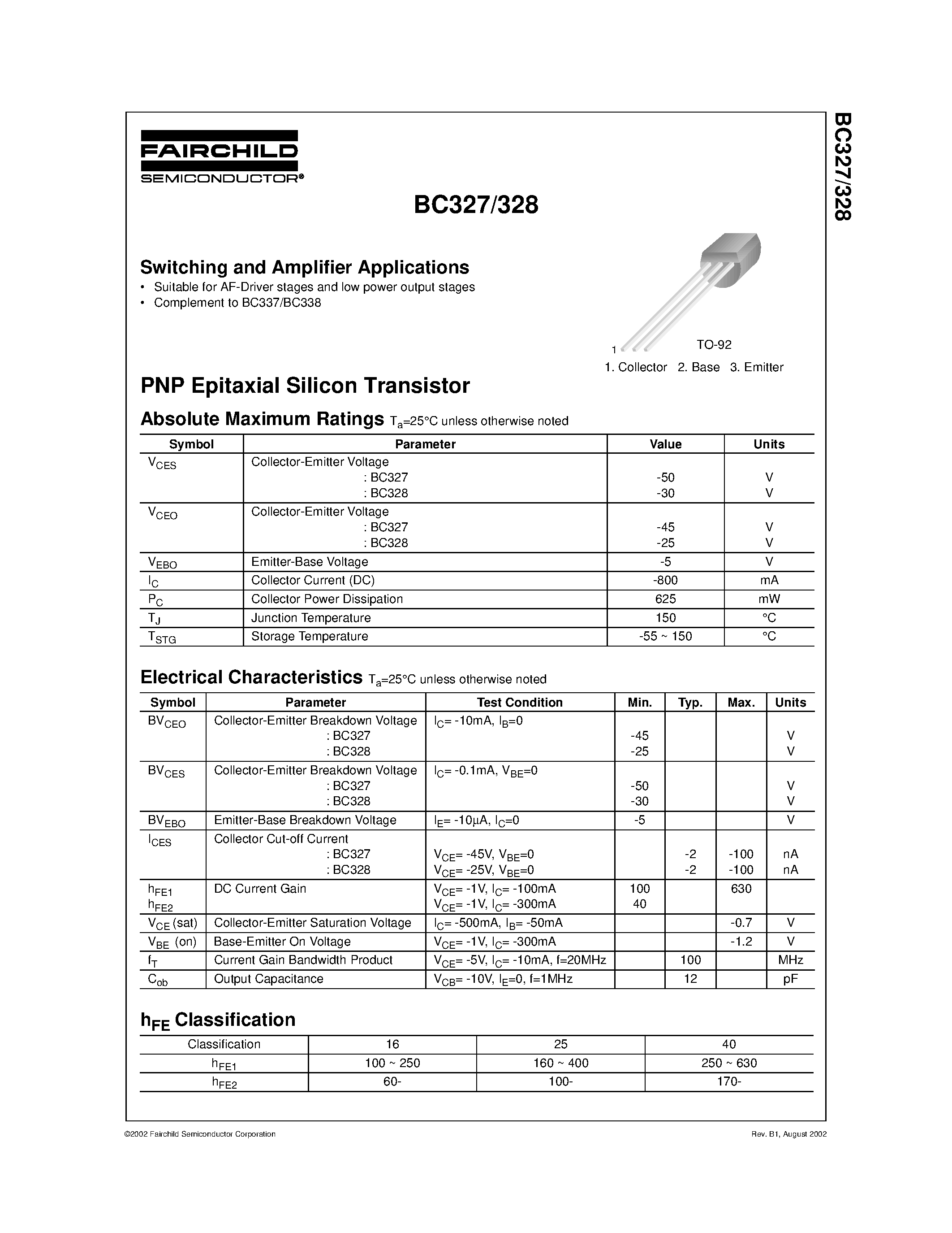 Datasheet BC327-25 - PNP EPITAXIAL SILICON TRANSISTOR page 1