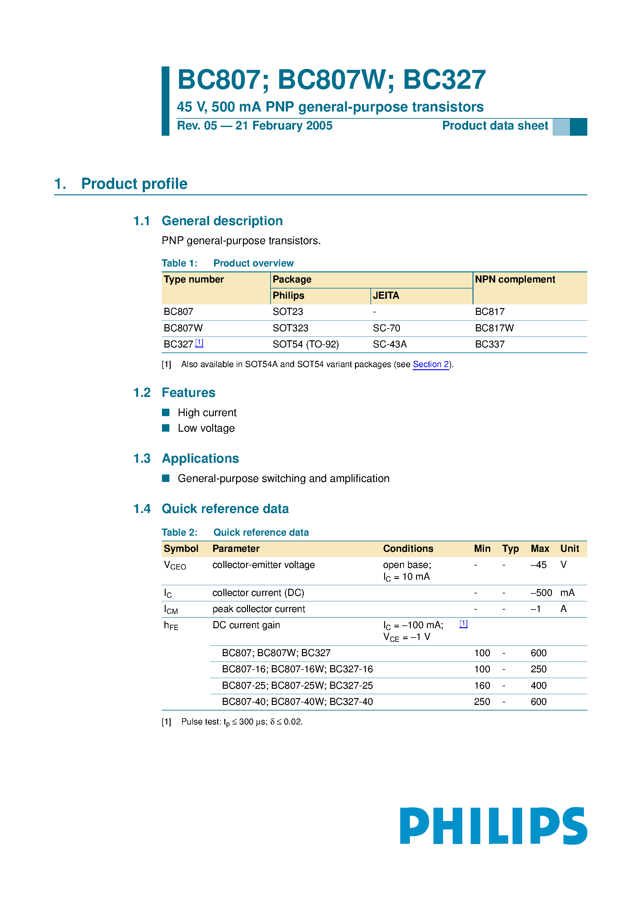 Datasheet BC327-25 - PNP General Purpose Transistors page 1