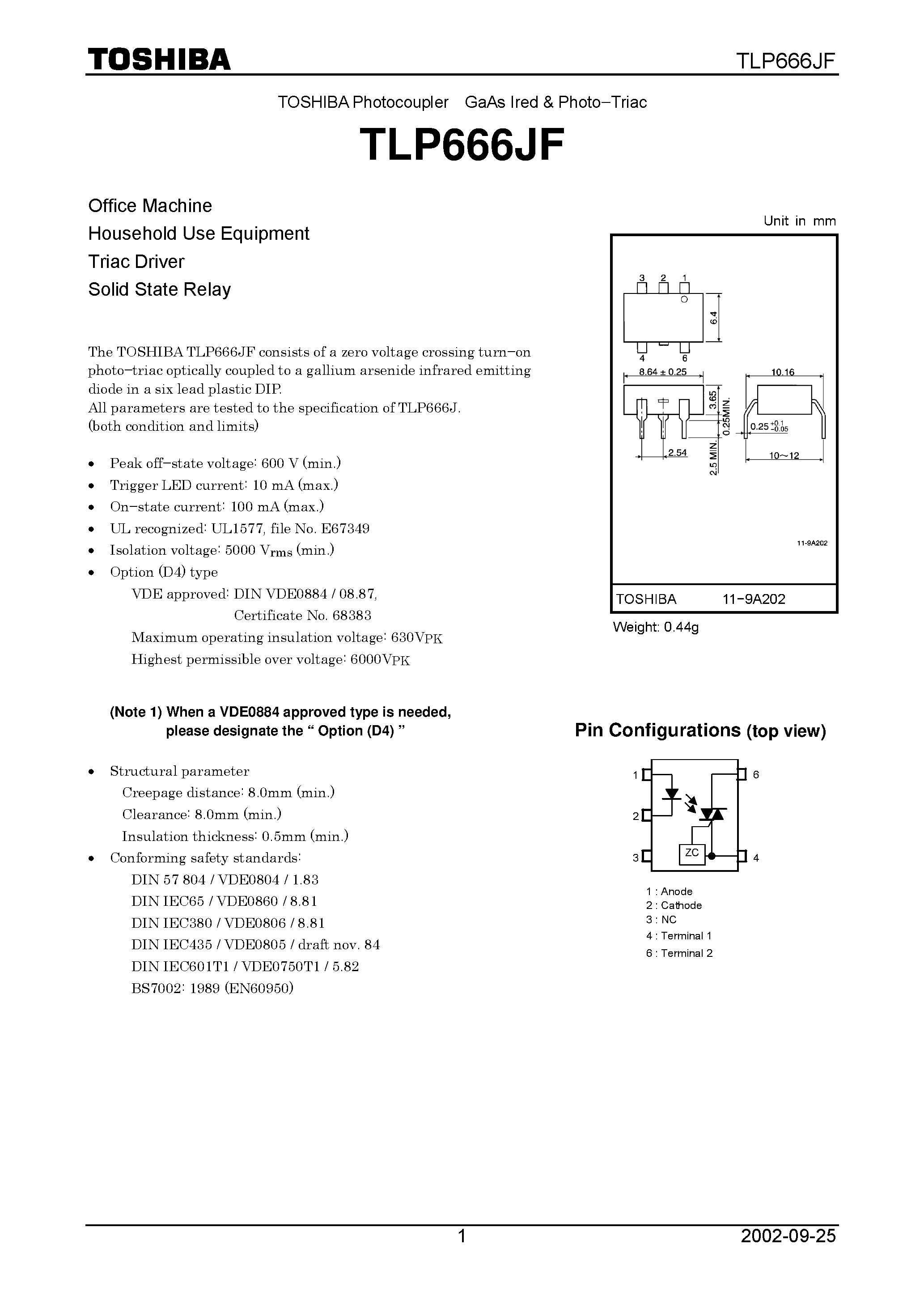 Даташит TLP666JF - TOSHIBA Photocoupler GaAs Ired & Photo Triac страница 1