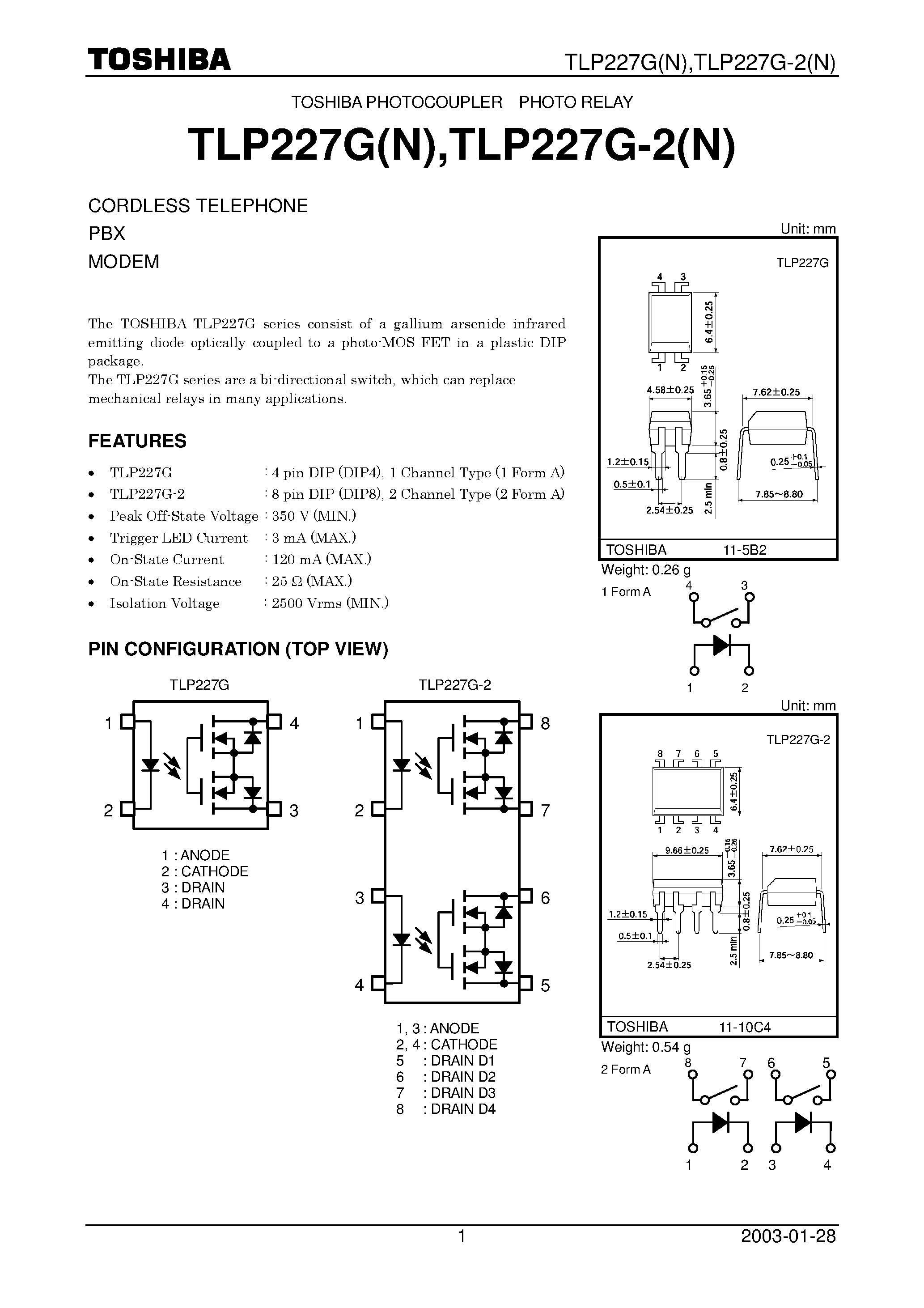 Даташит TLP227GN - CORDLESS TELEPHONE PBX MODEM страница 1