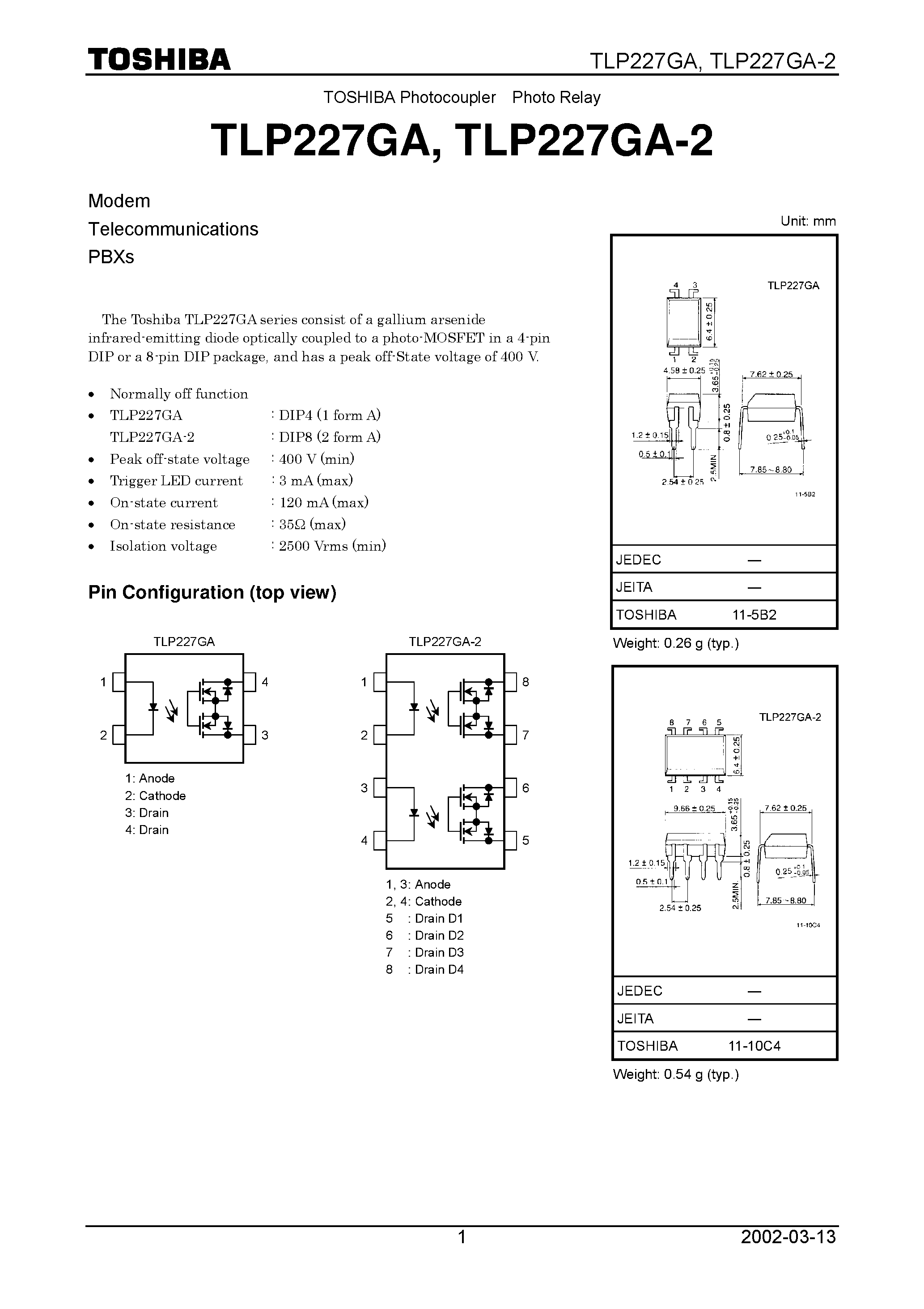 Даташит TLP227GA - TOSHIBA Photocoupler Photo Relay страница 1