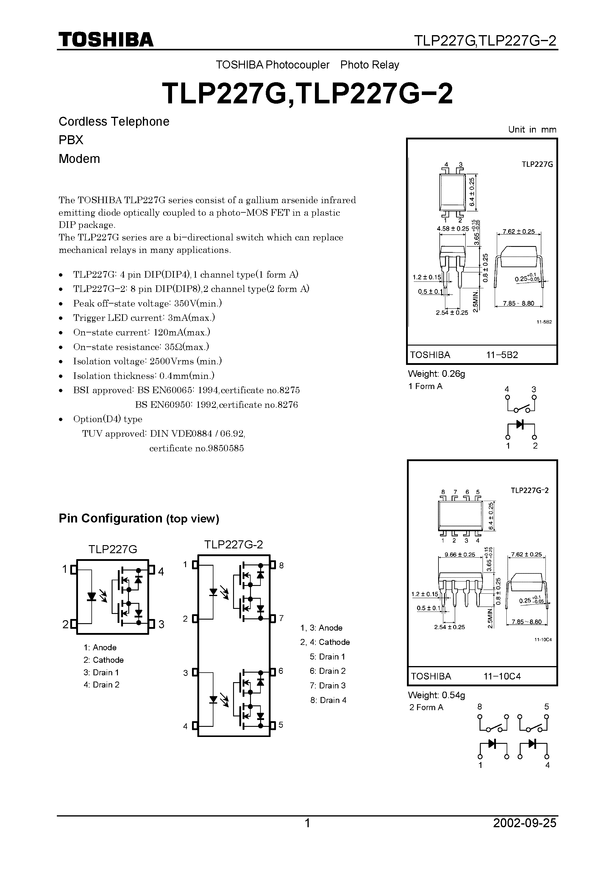 Даташит TLP227G - TOSHIBA Photocoupler Photo Relay страница 1