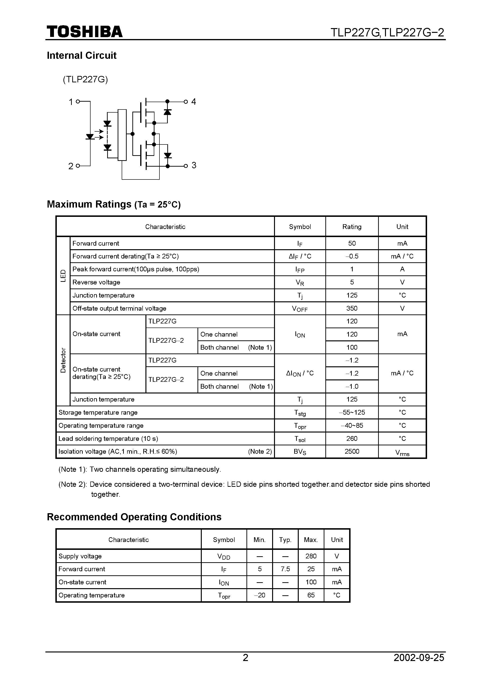 Даташит TLP227G - TOSHIBA Photocoupler Photo Relay страница 2