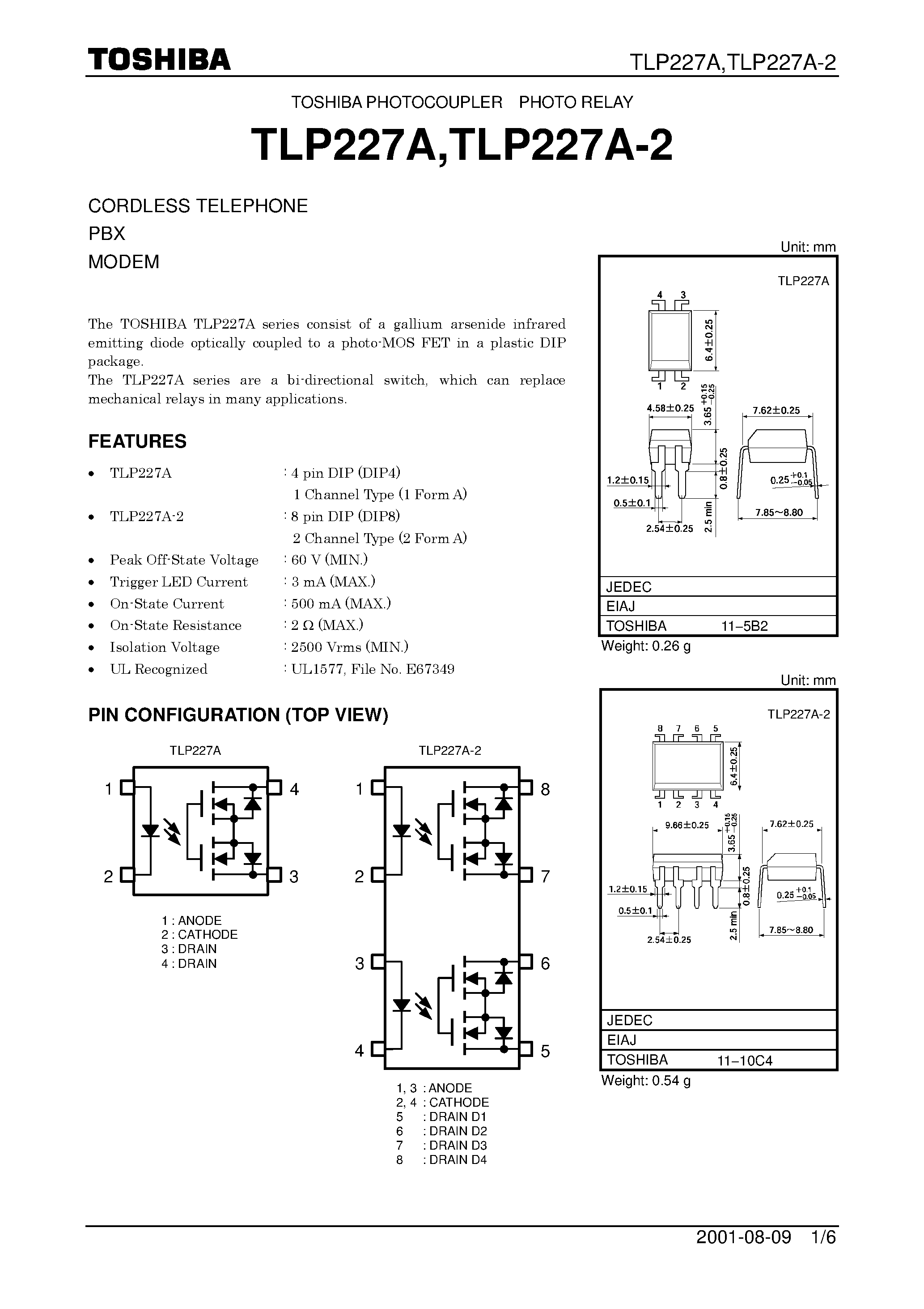 Даташит TLP227A - CORDLESS TELEPHONE PBX MODEM страница 1