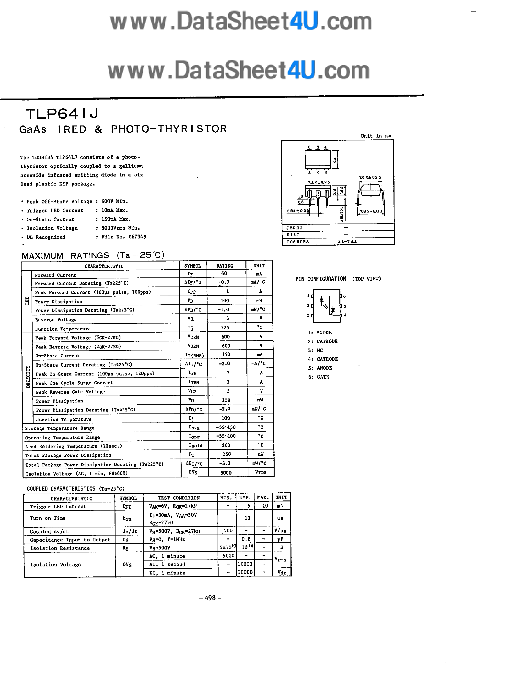 Даташит TLP641J - GAAS Ired & Photo Thyristor страница 1