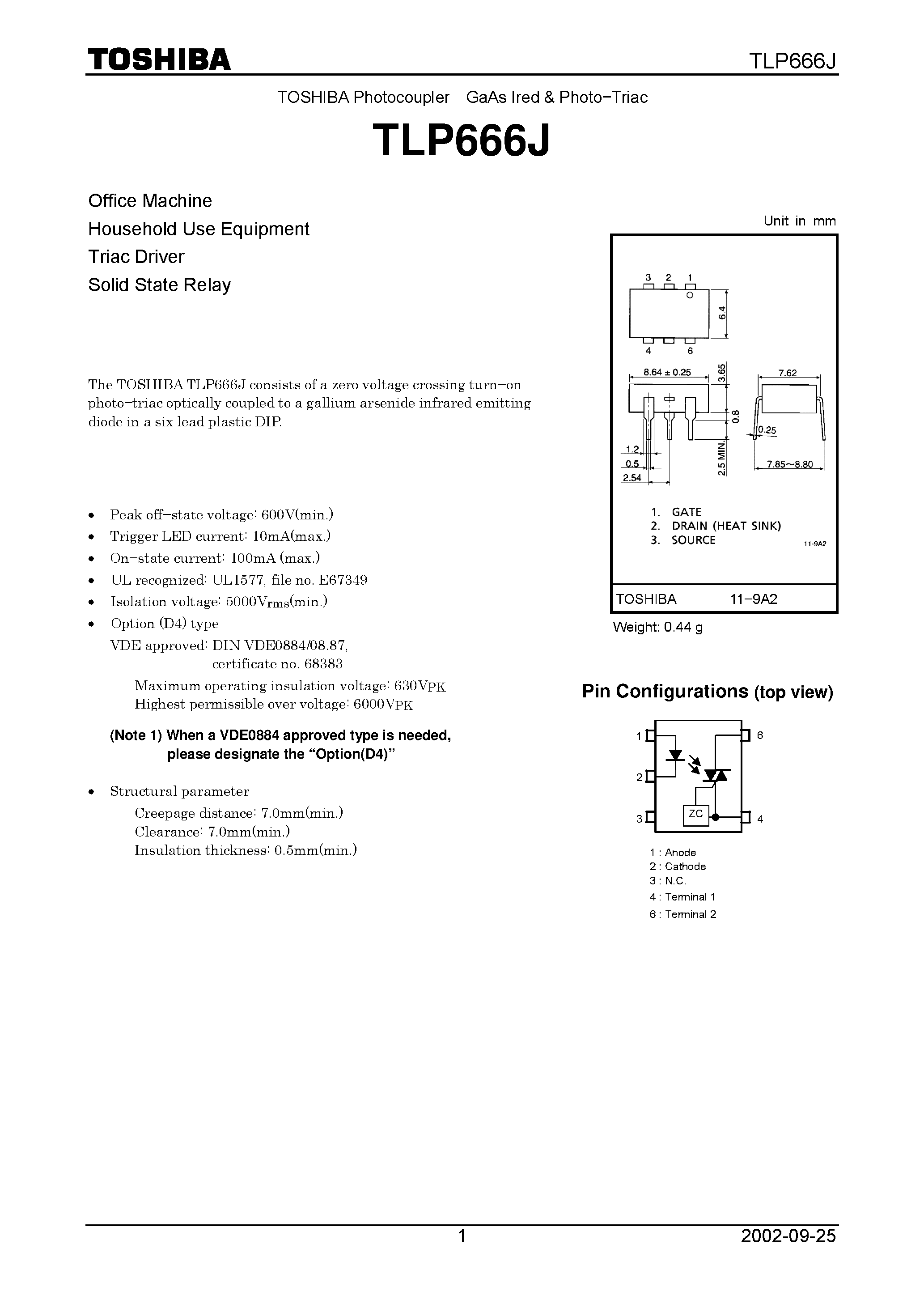 Даташит TLP666J - TOSHIBA Photocoupler GaAs Ired & Photo Triac страница 1