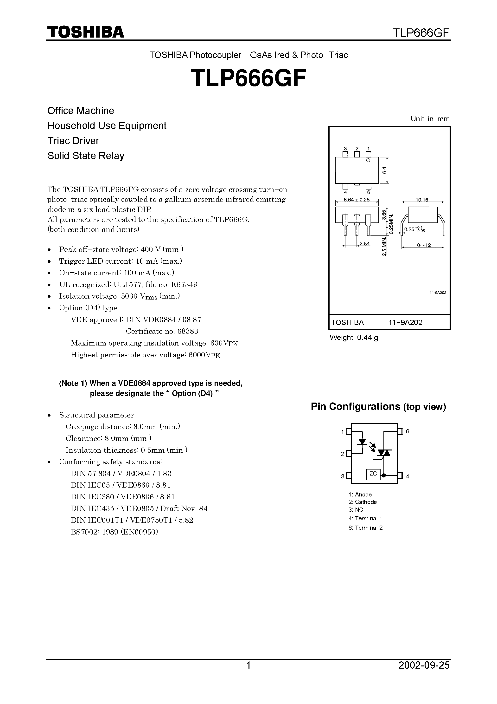 Даташит TLP666GF - TOSHIBA Photocoupler GaAs Ired & Photo Triac страница 1