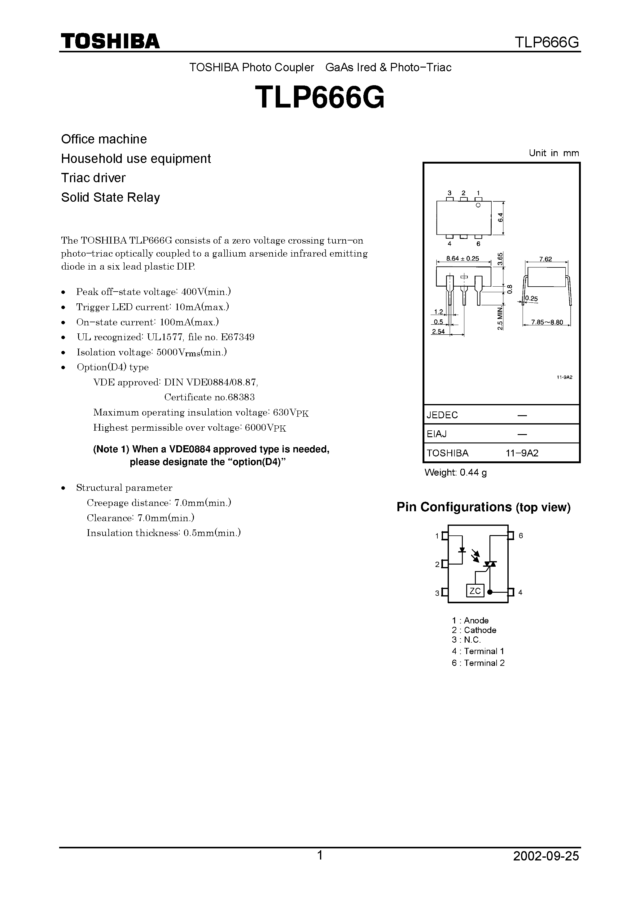 Даташит TLP666G - TOSHIBA Photocoupler GaAs Ired & Photo Triac страница 1