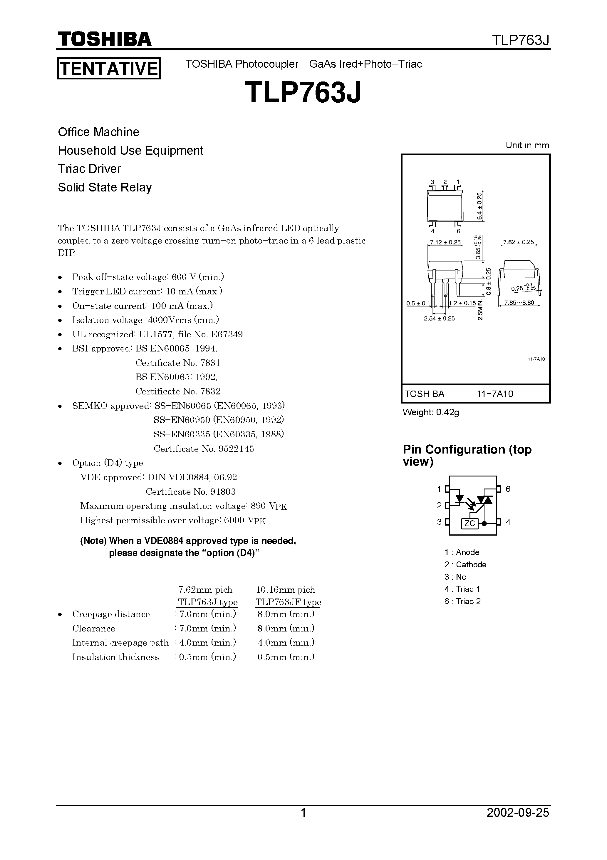 Даташит TLP763J - TOSHIBA Photocoupler GaAs Ired+Photo Triac страница 1