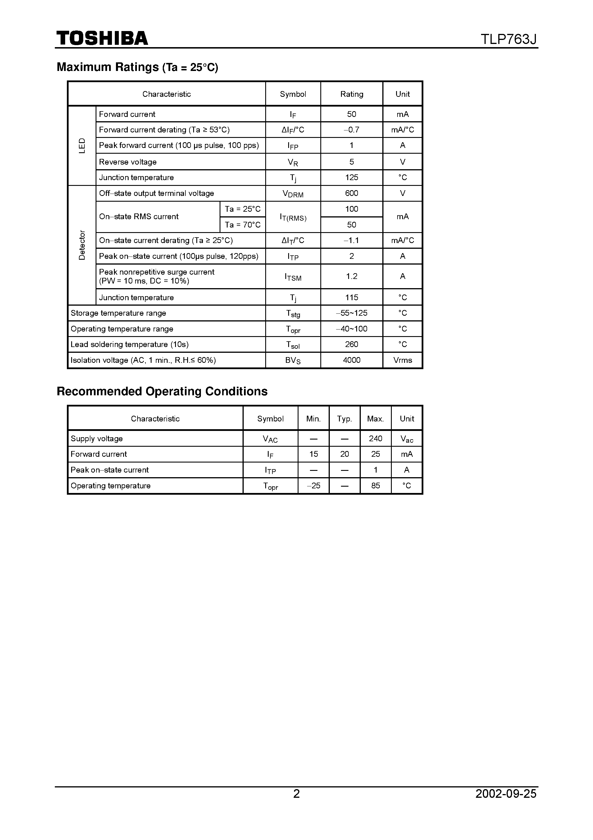 Даташит TLP763J - TOSHIBA Photocoupler GaAs Ired+Photo Triac страница 2
