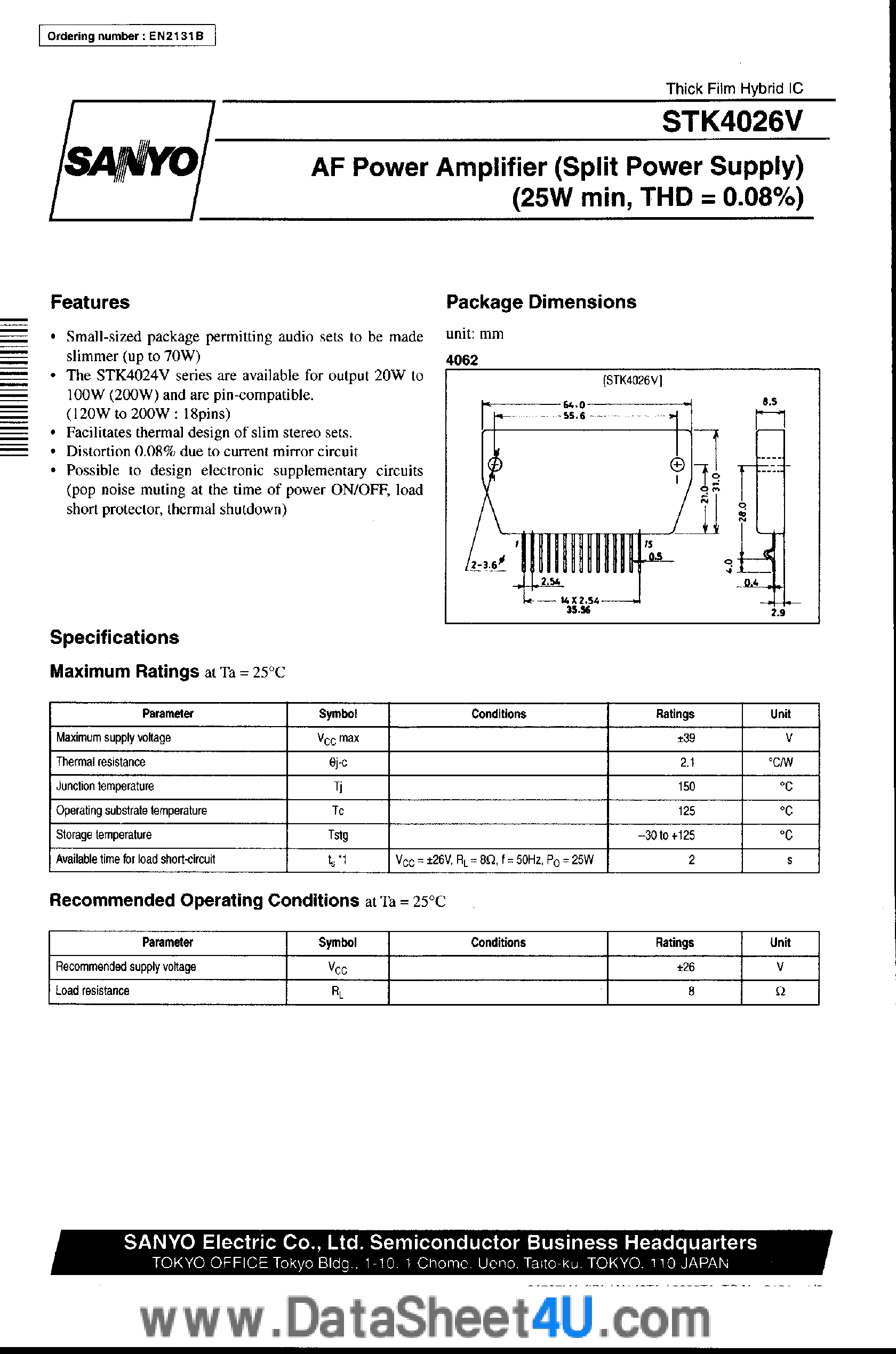 Datasheet STK4026V - AF Power Amplifier page 1