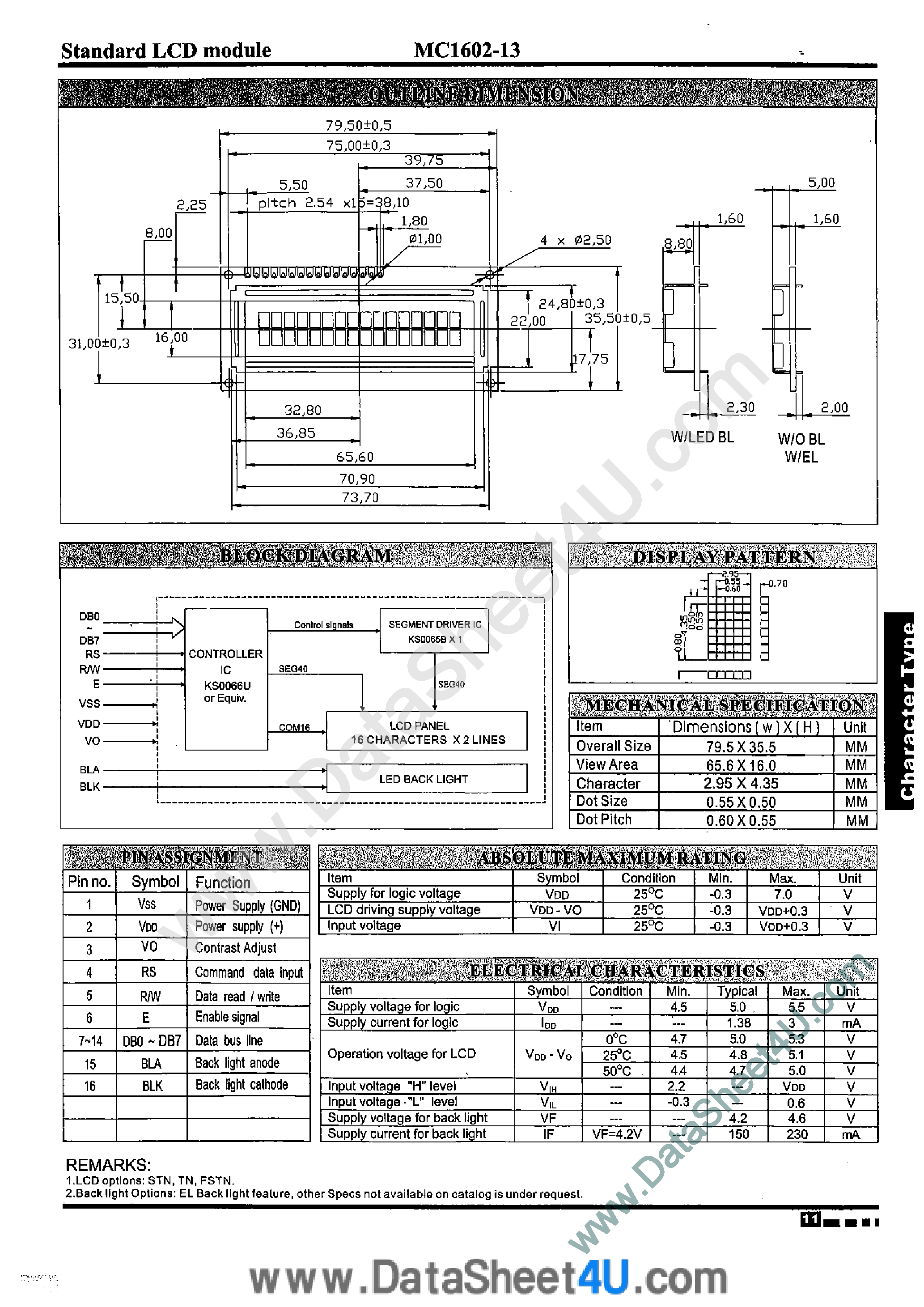 Datasheet MC1602-13 - Standard LCD Module page 1